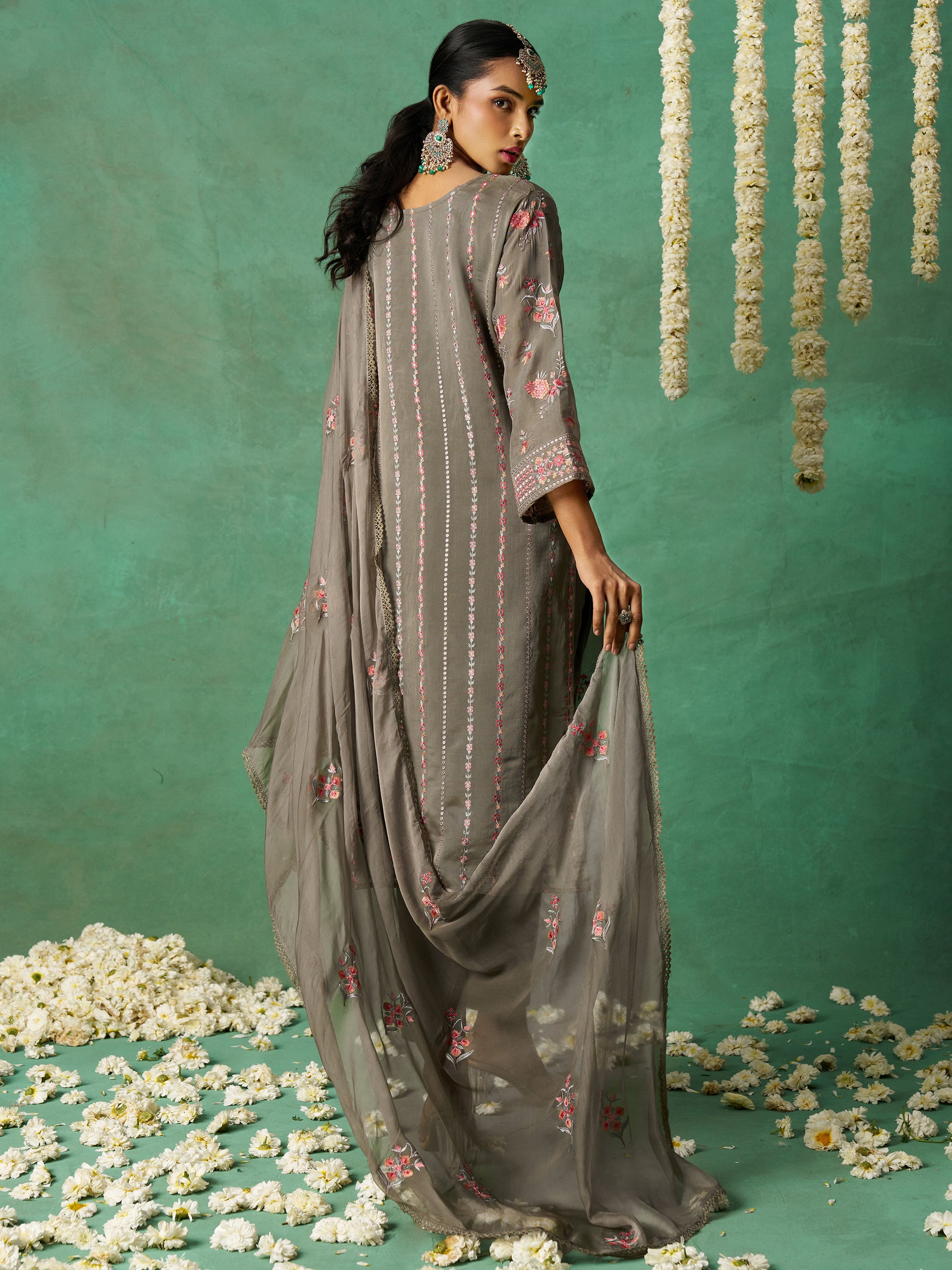Beautiful Grey Embroidered Organza Festive Wear Pant Suit with Dupatta