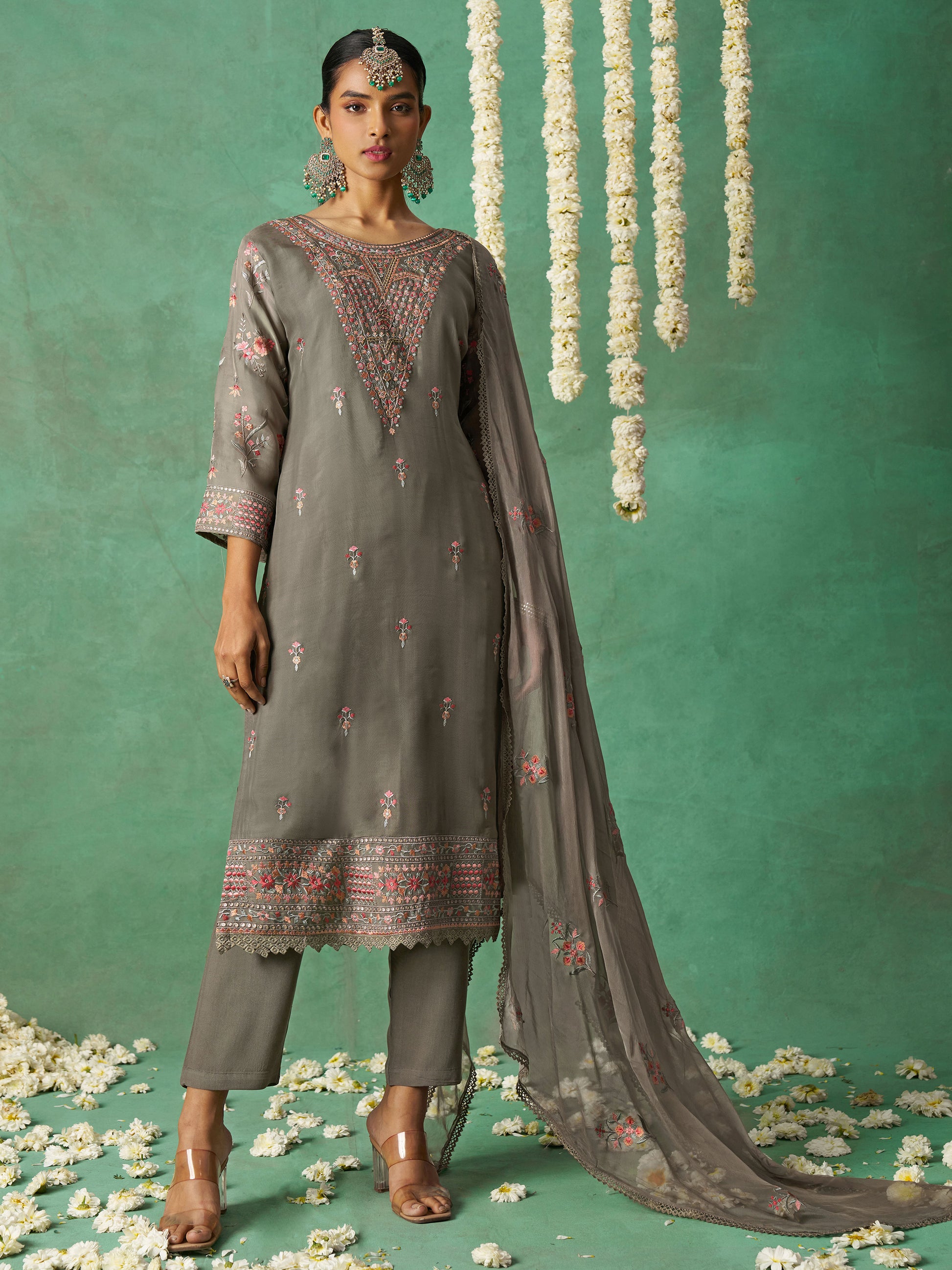 Beautiful Grey Embroidered Organza Festive Wear Pant Suit with Dupatta