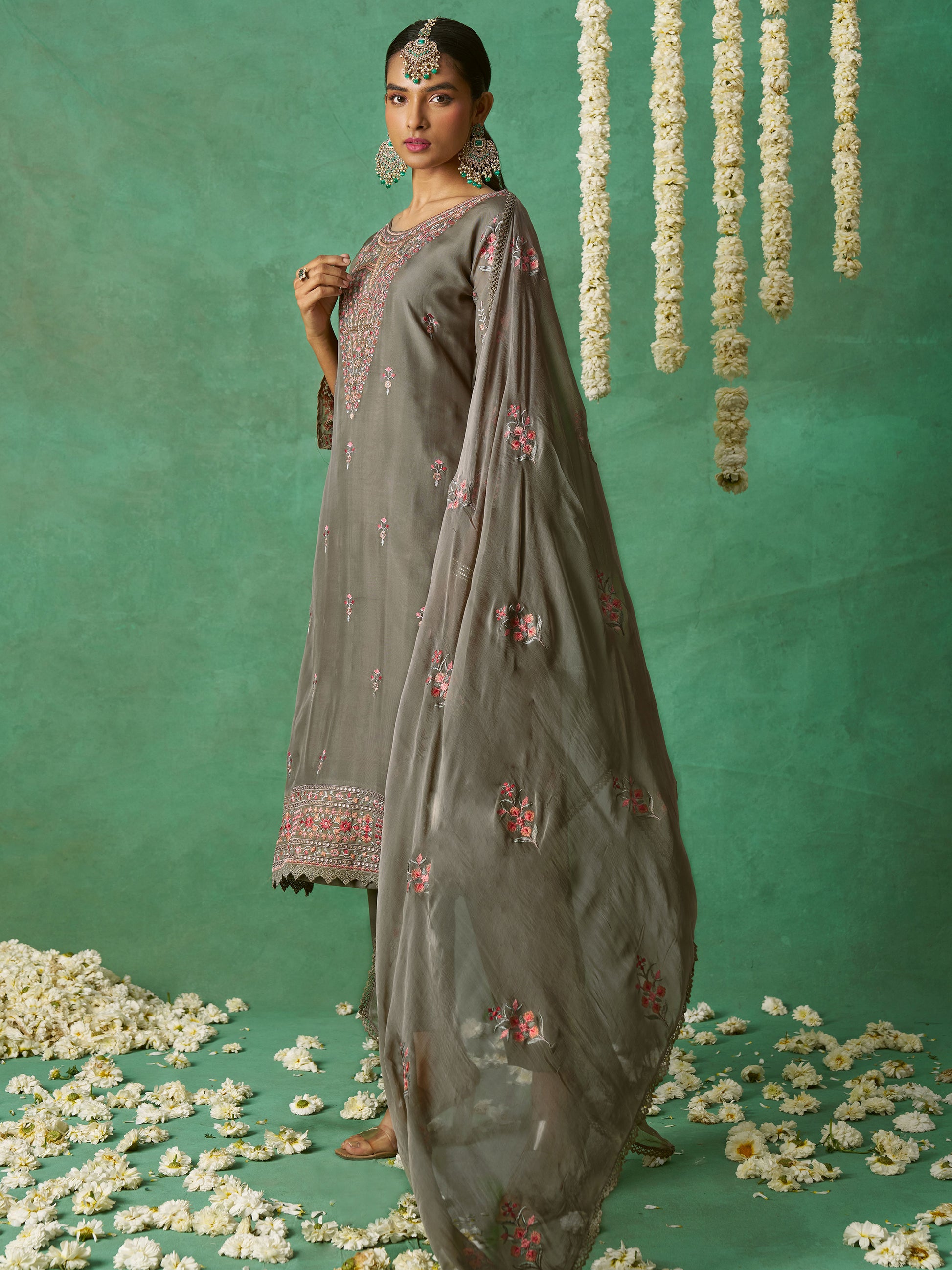 Beautiful Grey Embroidered Organza Festive Wear Pant Suit with Dupatta