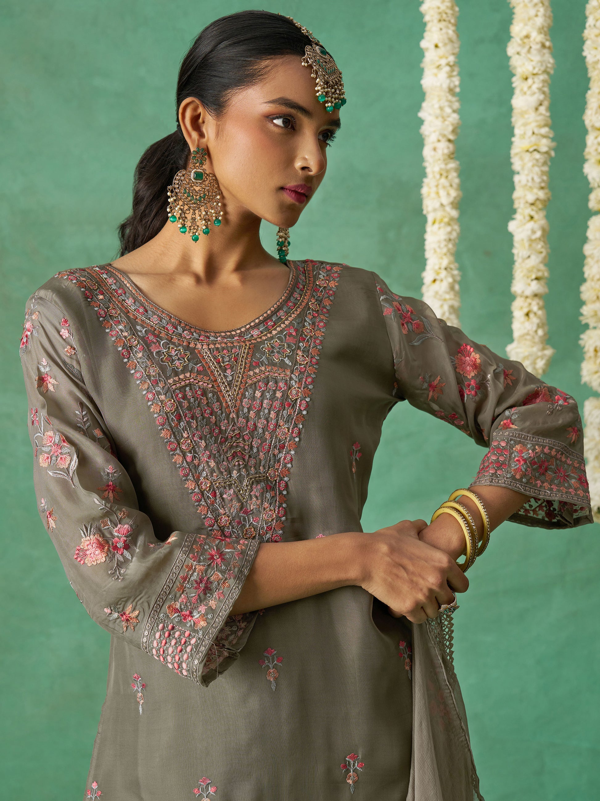 Beautiful Grey Embroidered Organza Festive Wear Pant Suit with Dupatta
