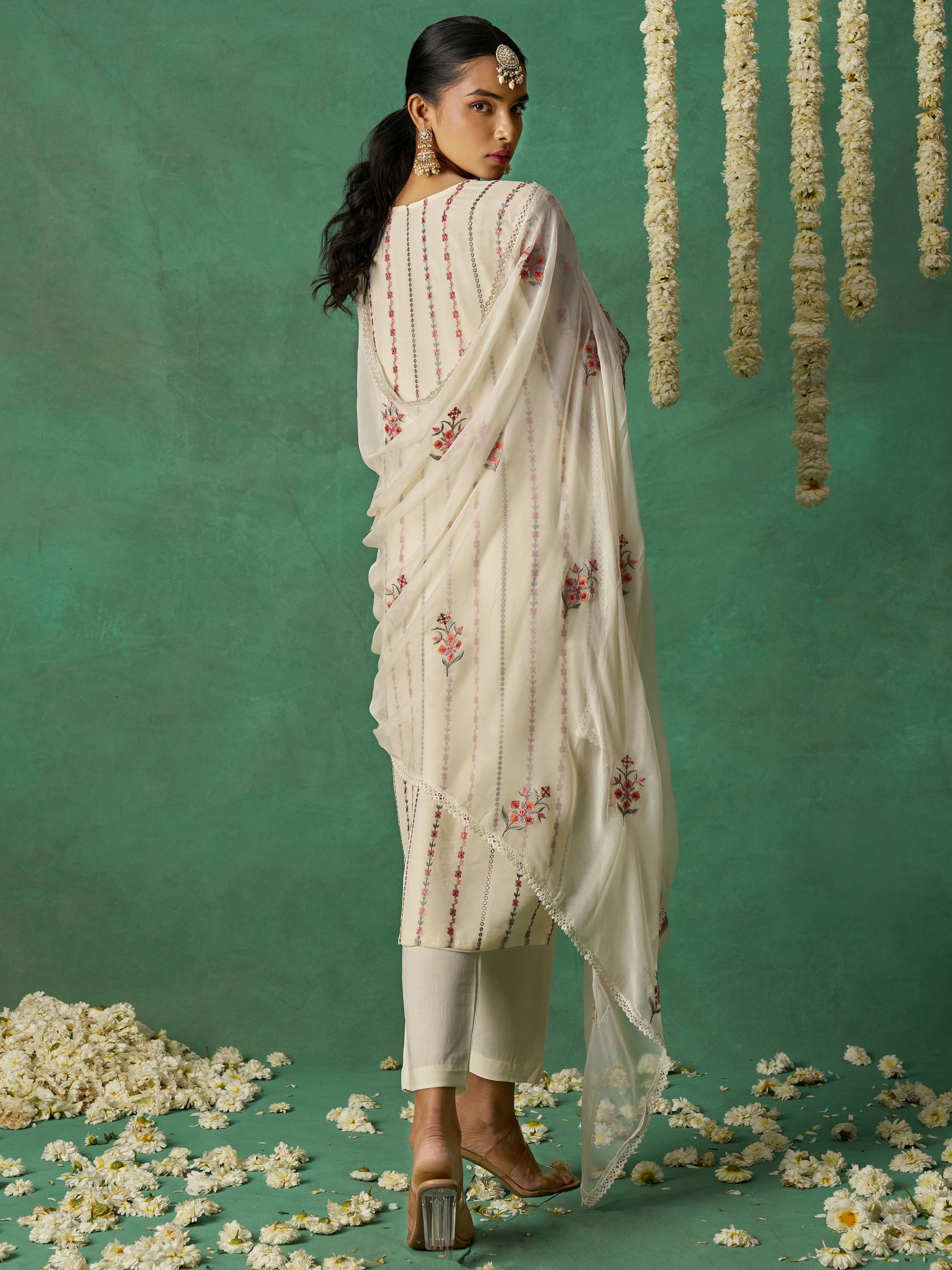 Captivating Beige Embroidered Organza Festive Wear Pant Suit with Dupatta