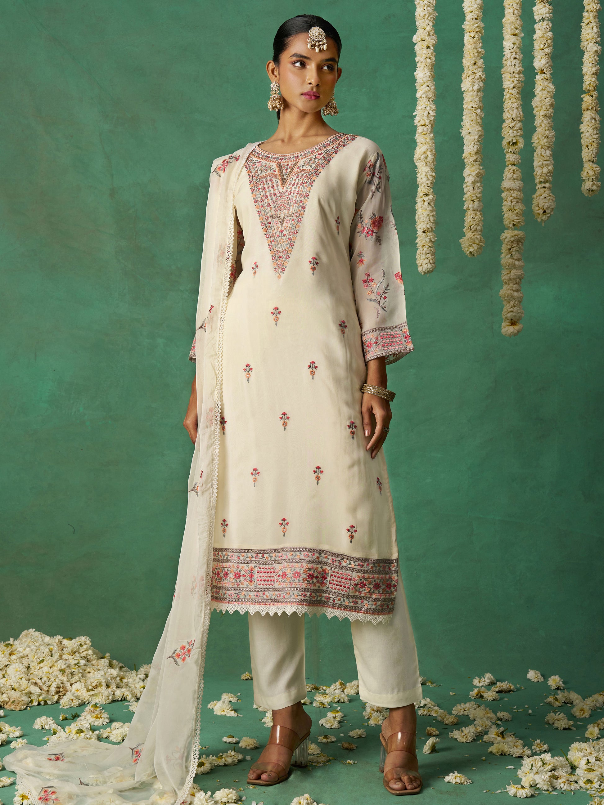 Captivating Beige Embroidered Organza Festive Wear Pant Suit with Dupatta