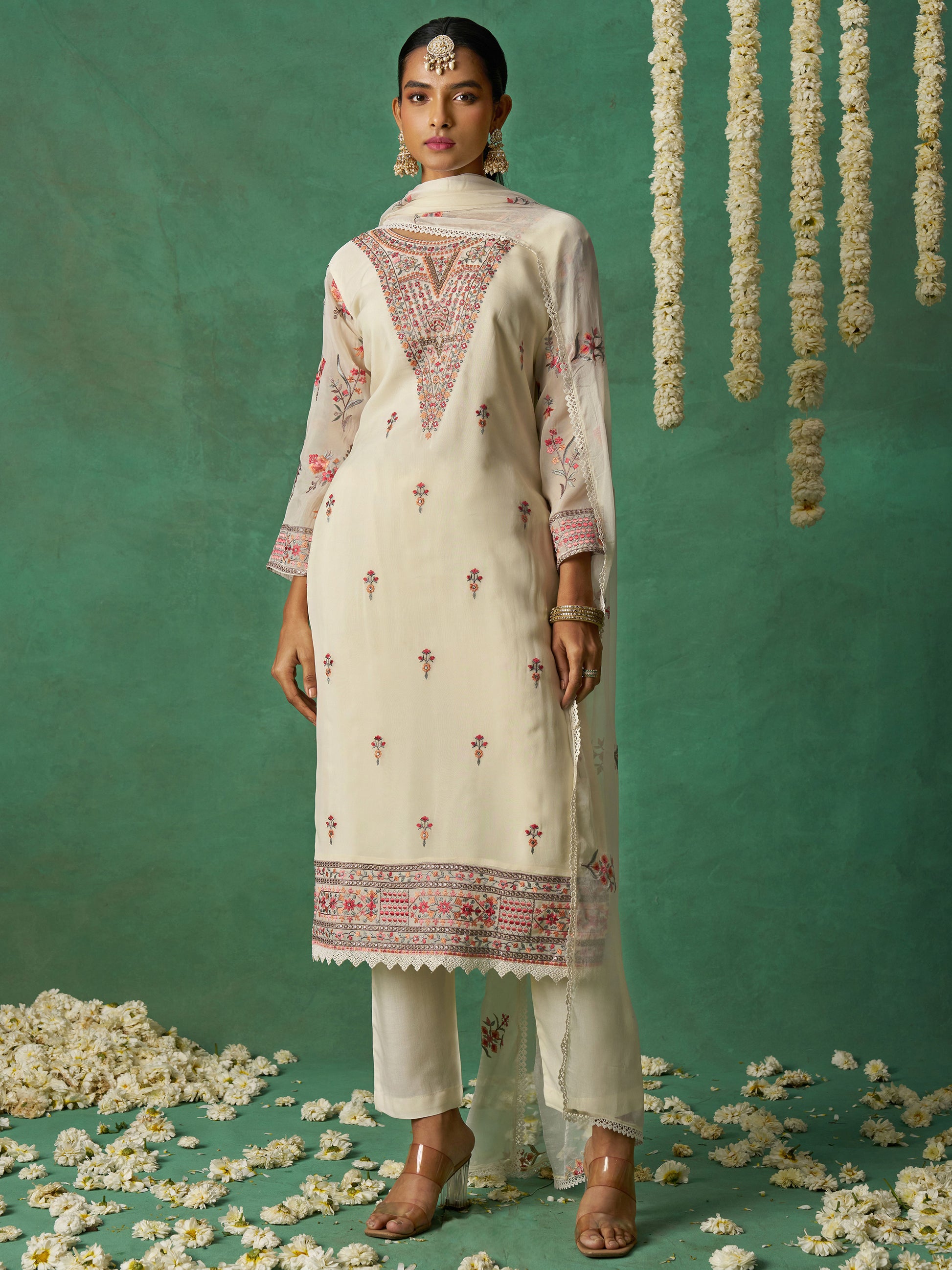 Captivating Beige Embroidered Organza Festive Wear Pant Suit with Dupatta