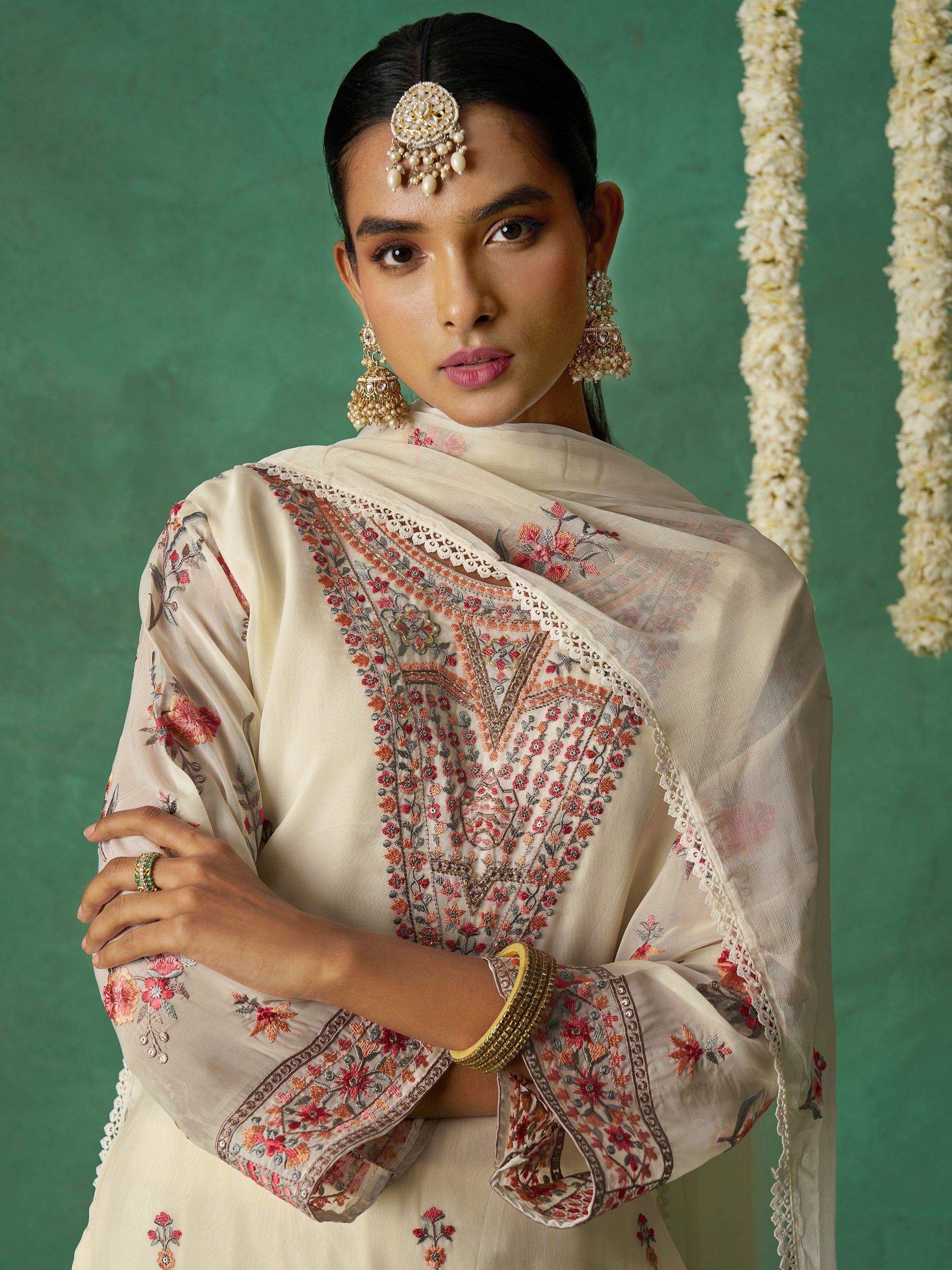 Captivating Beige Embroidered Organza Festive Wear Pant Suit with Dupatta