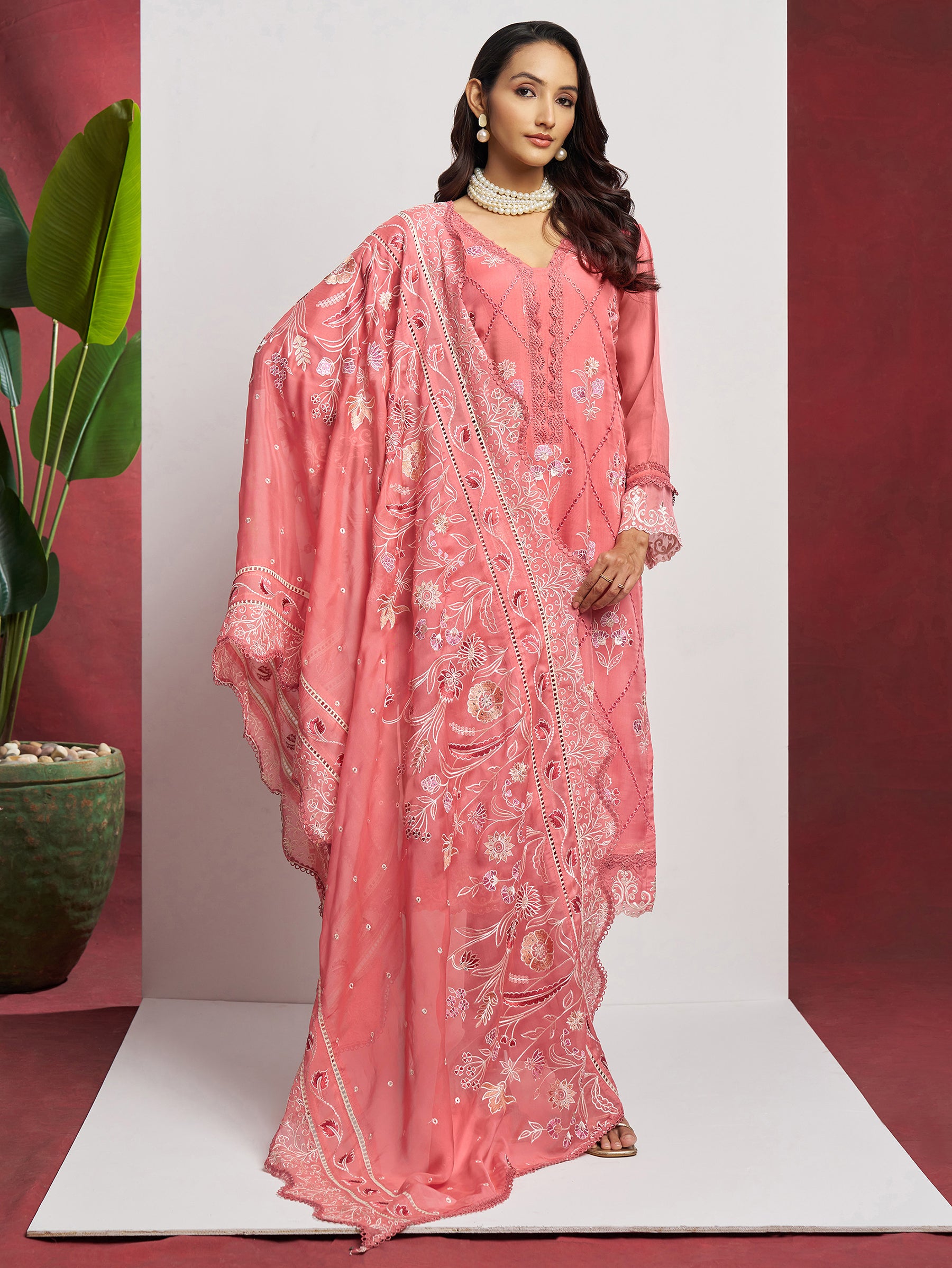 Lovely Peach Floral Embroidered Organza Festival Wear Pant Suit with Heavy Dupatta