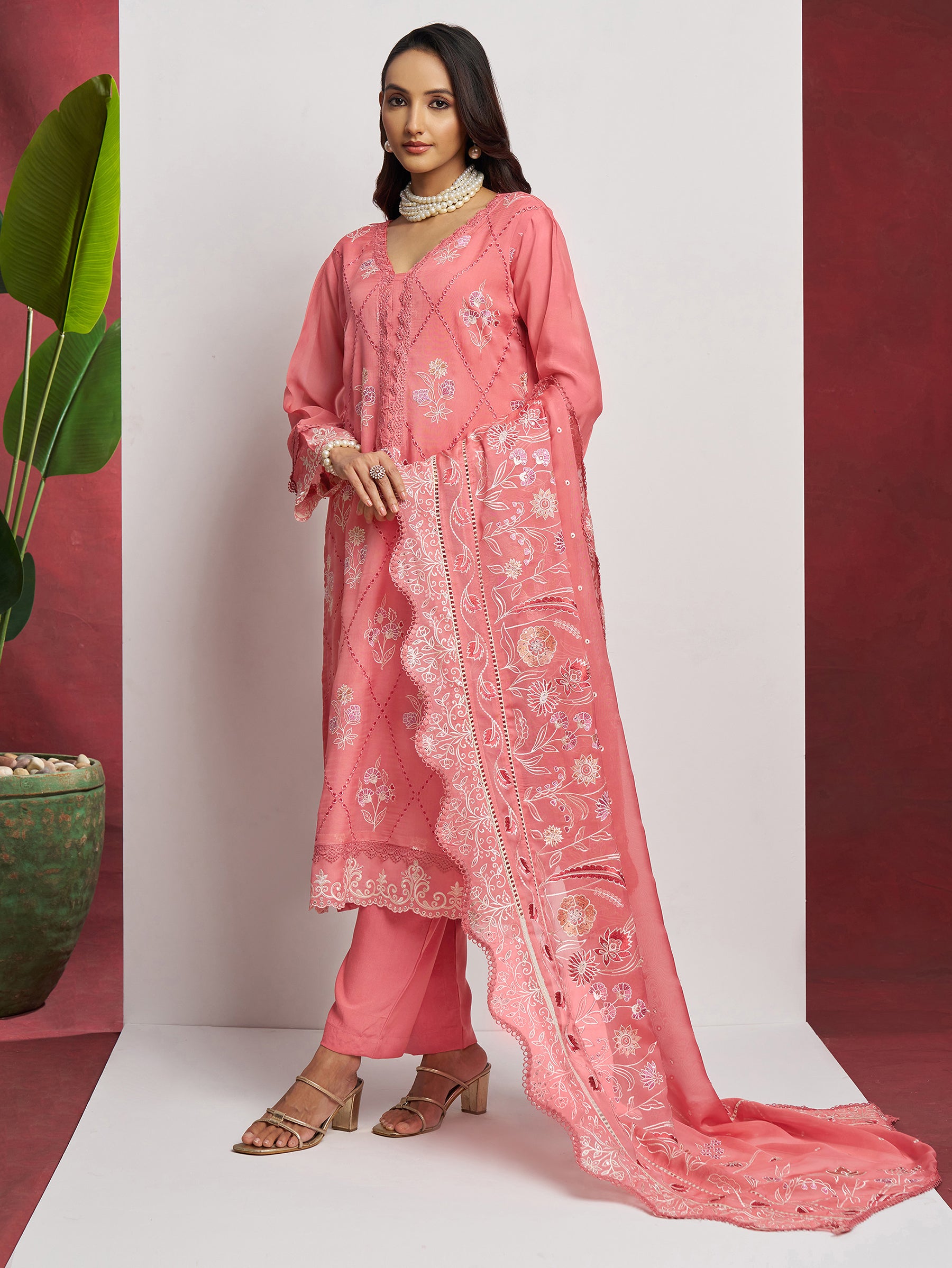 Lovely Peach Floral Embroidered Organza Festival Wear Pant Suit with Heavy Dupatta