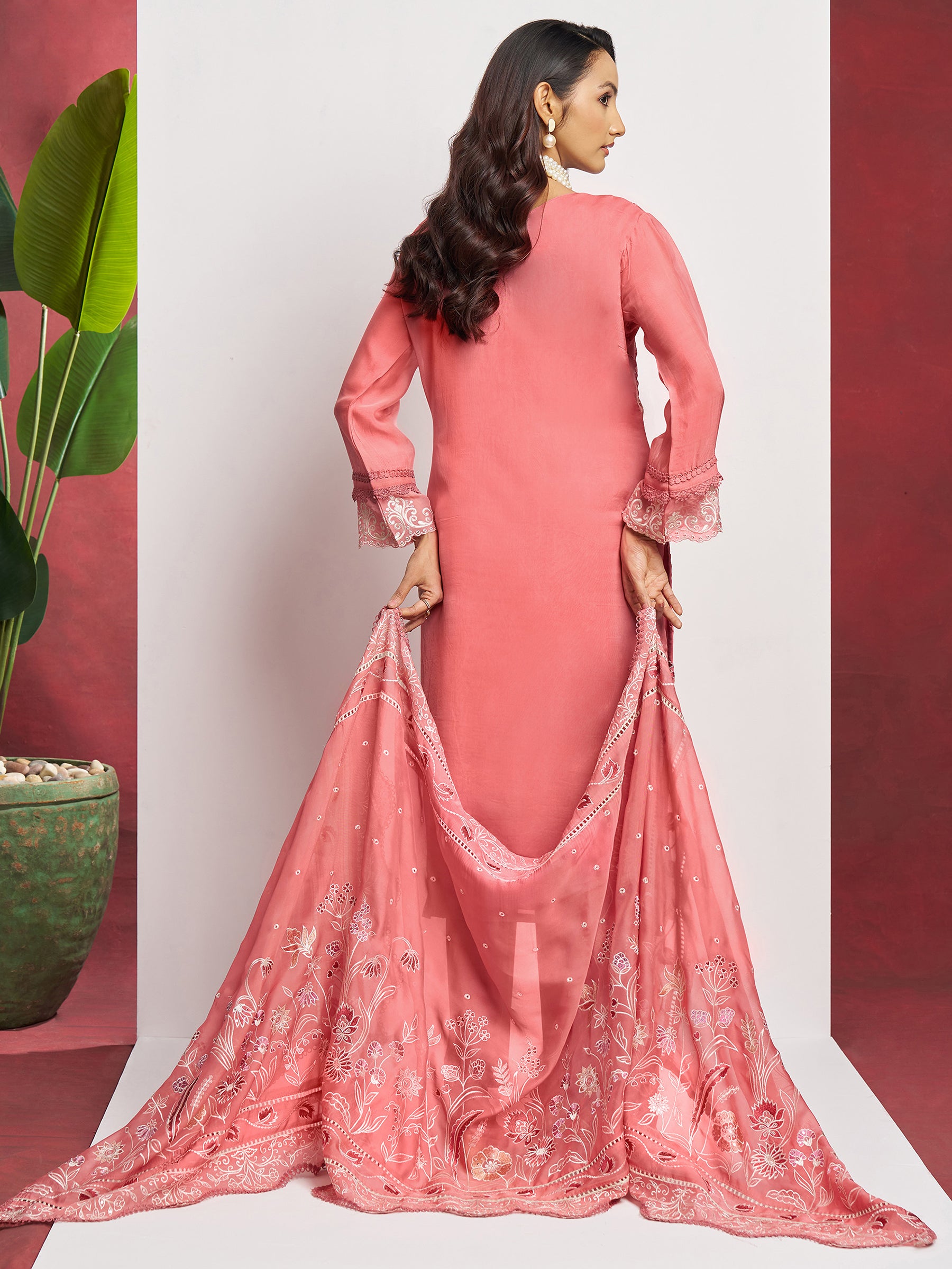 Lovely Peach Floral Embroidered Organza Festival Wear Pant Suit with Heavy Dupatta