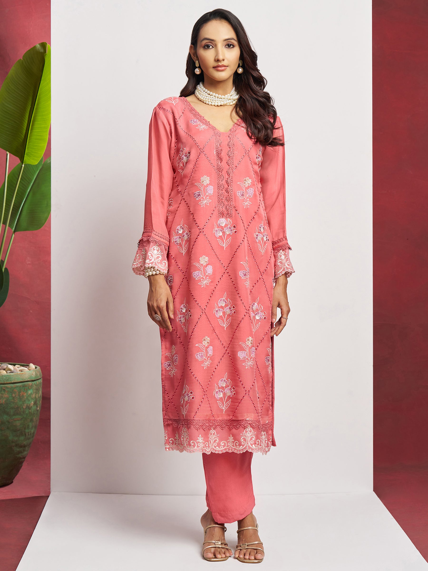 Lovely Peach Floral Embroidered Organza Festival Wear Pant Suit with Heavy Dupatta