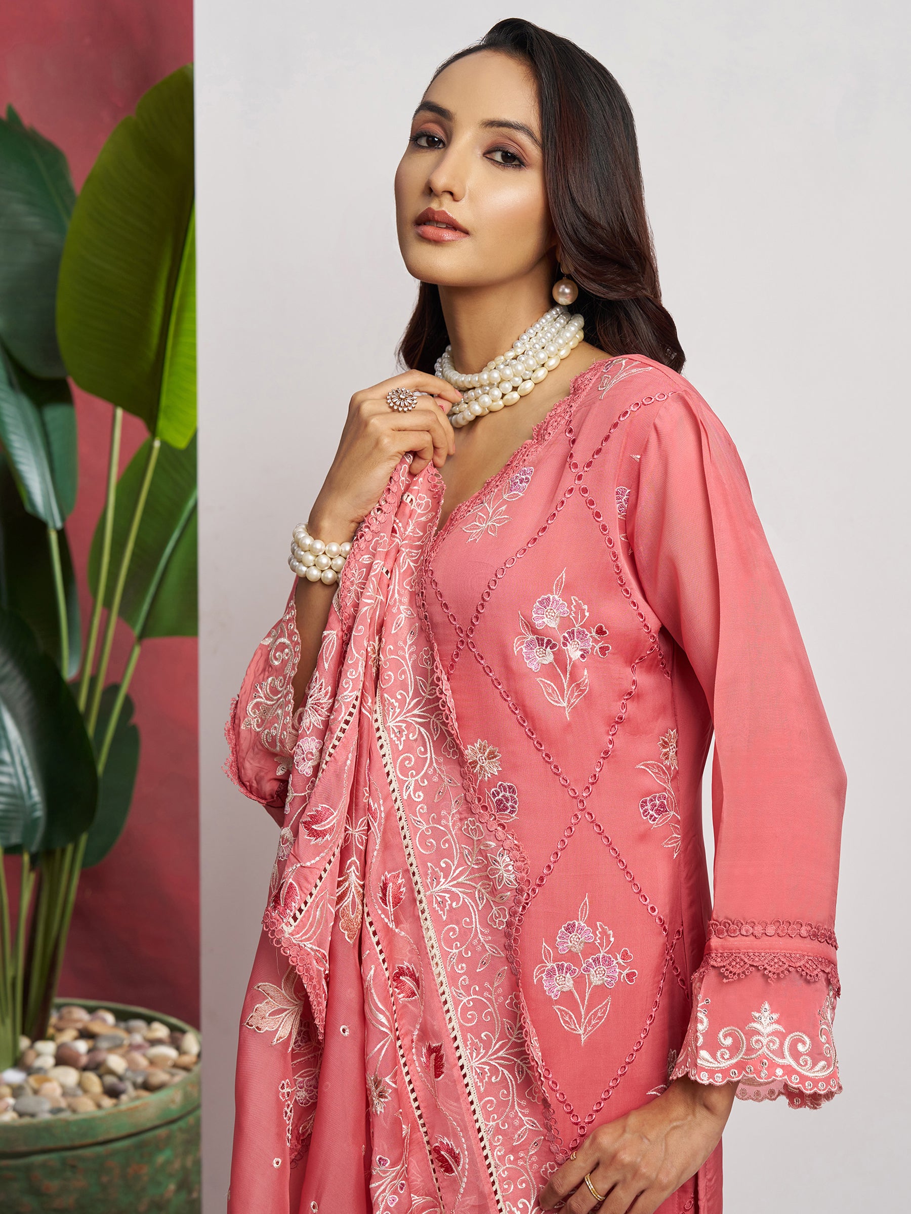 Lovely Peach Floral Embroidered Organza Festival Wear Pant Suit with Heavy Dupatta