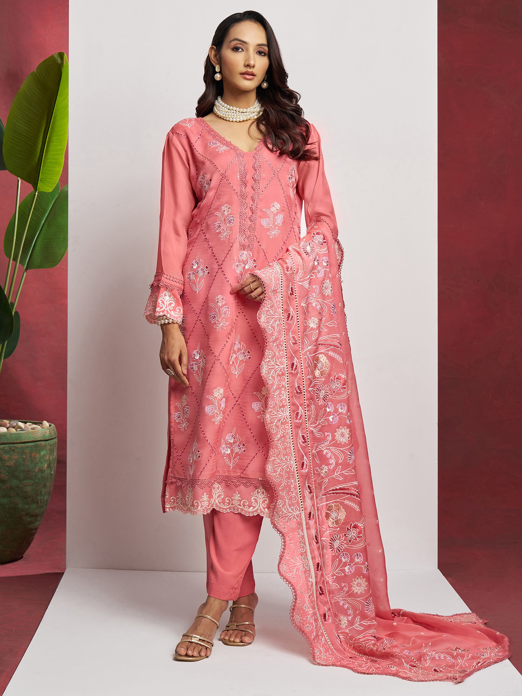 Lovely Peach Floral Embroidered Organza Festival Wear Pant Suit with Heavy Dupatta