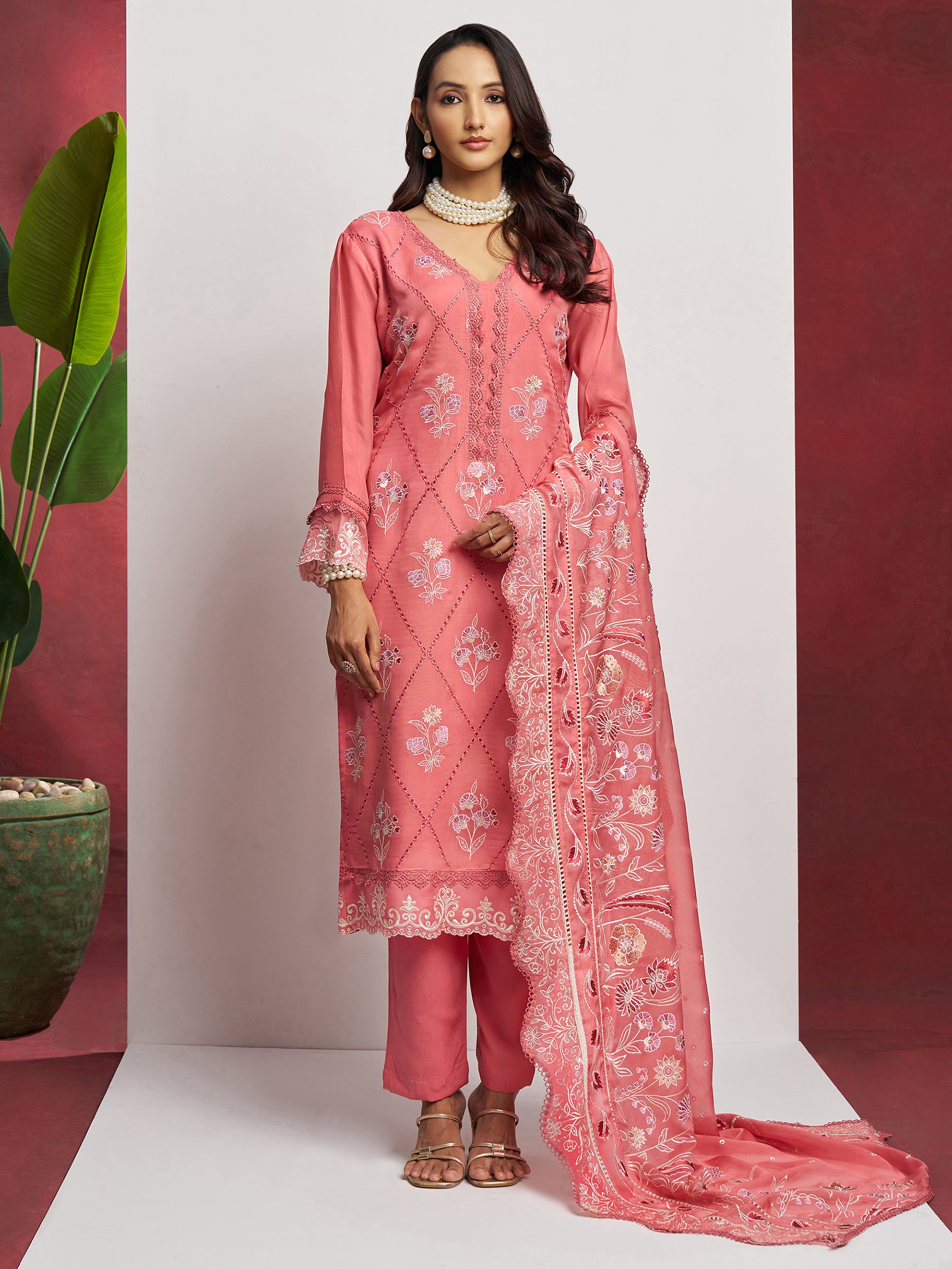 Lovely Peach Floral Embroidered Organza Festival Wear Pant Suit with Heavy Dupatta
