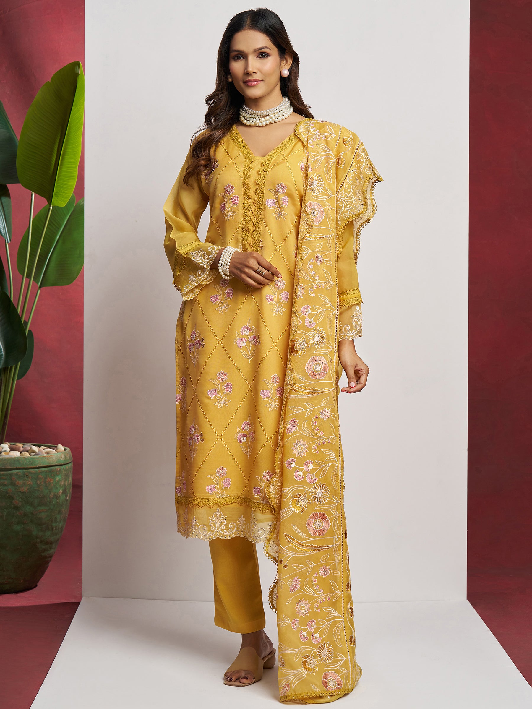 Fascinating Yellow Floral Embroidered Organza Haldi Wear Pant Suit with Heavy Dupatta