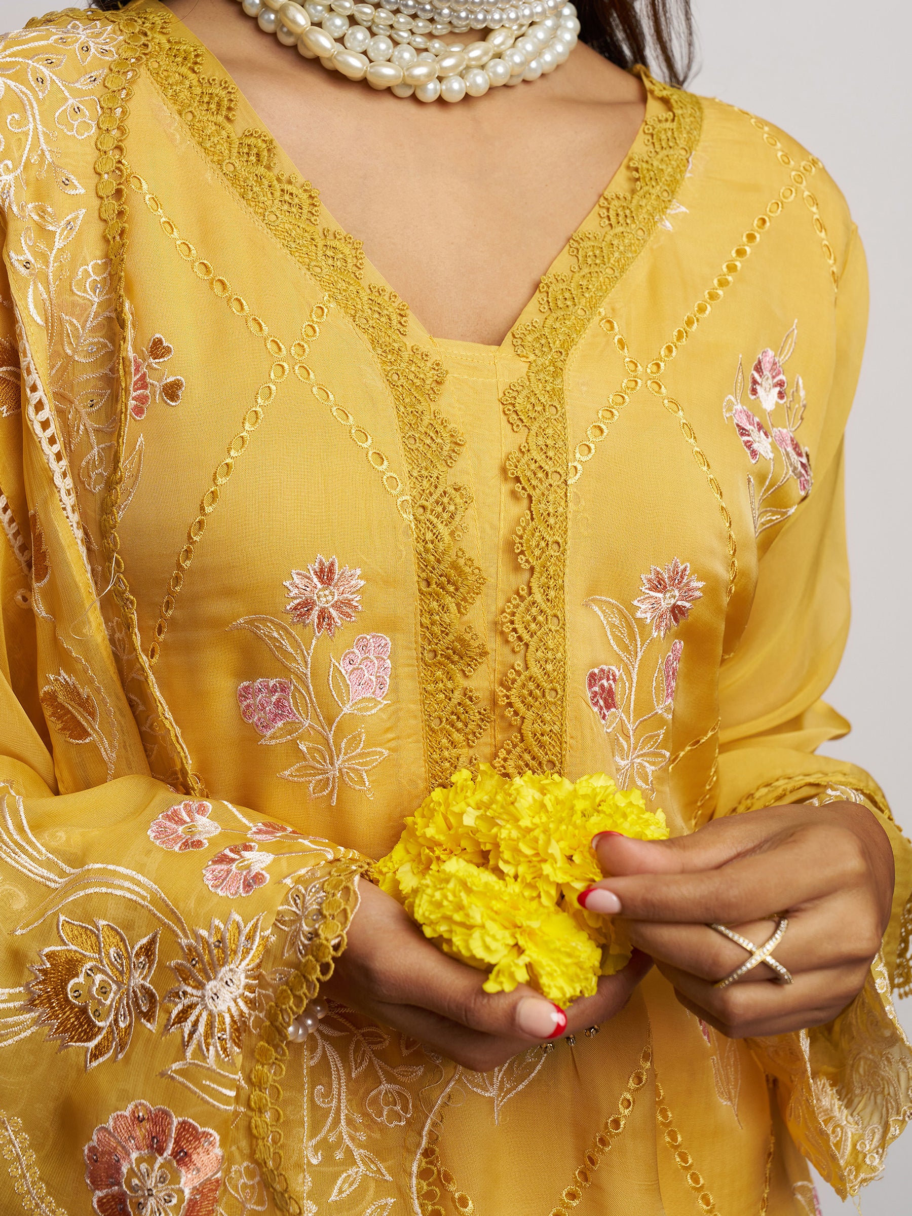 Fascinating Yellow Floral Embroidered Organza Haldi Wear Pant Suit with Heavy Dupatta