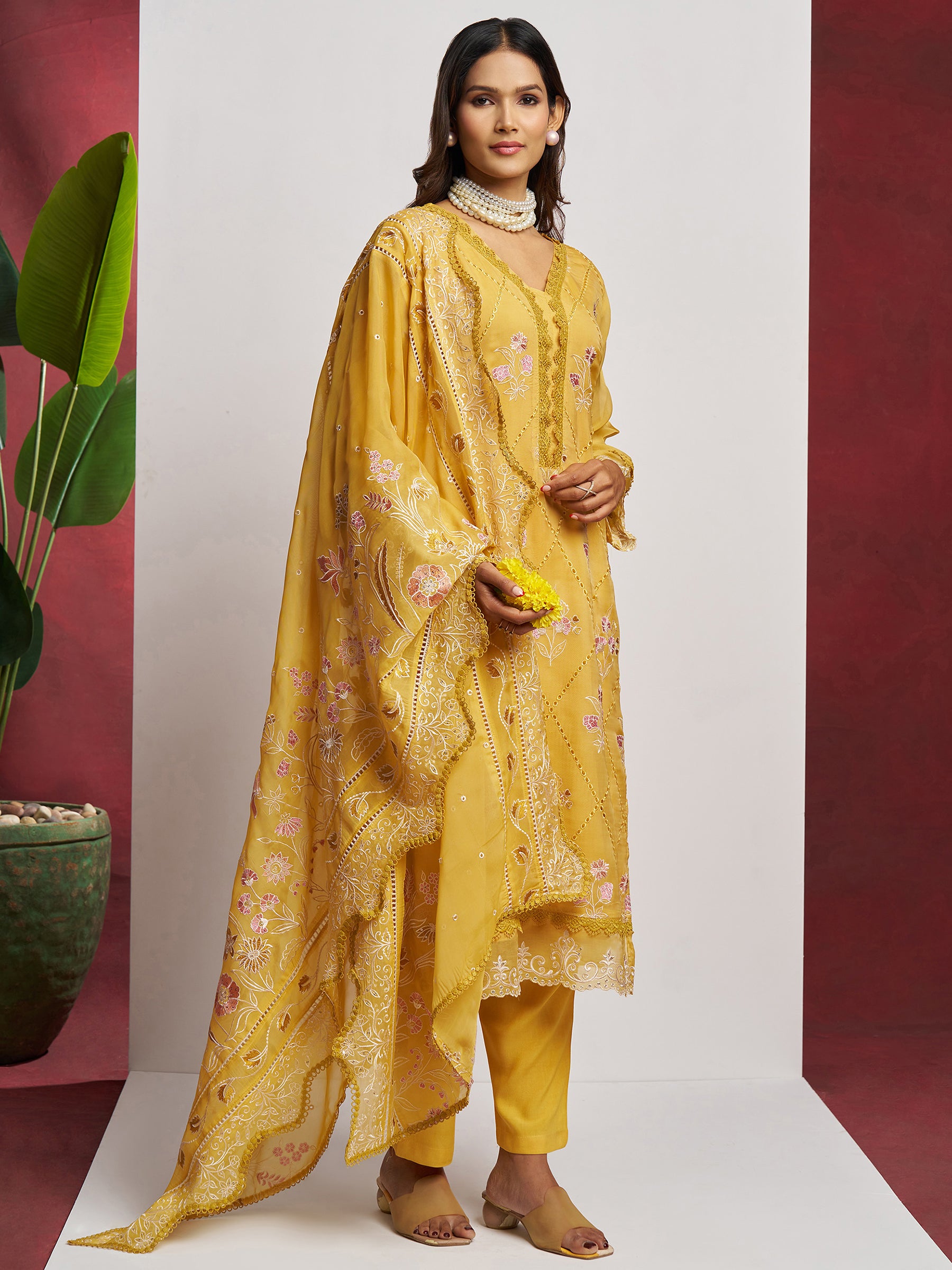 Fascinating Yellow Floral Embroidered Organza Haldi Wear Pant Suit with Heavy Dupatta