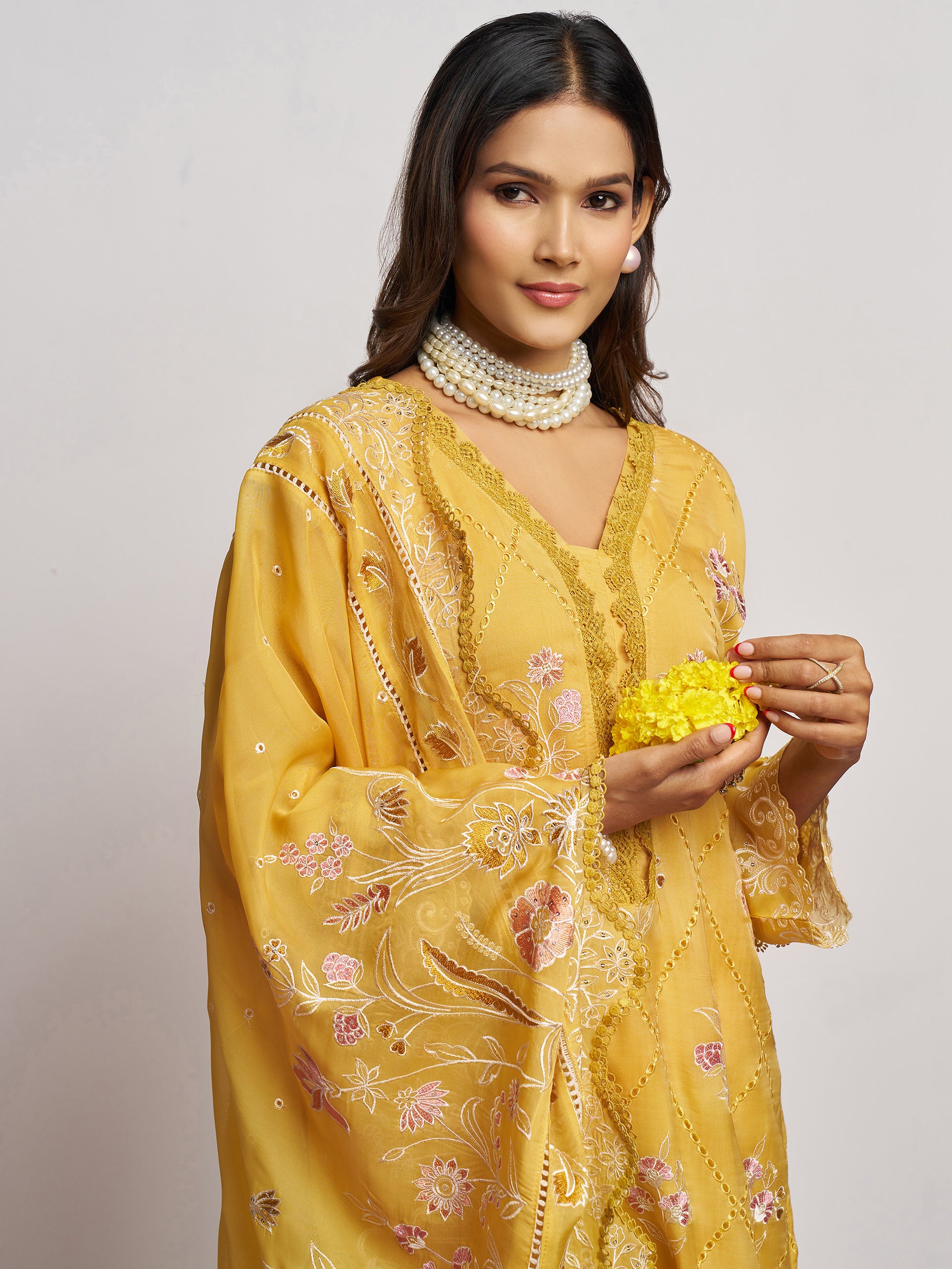 Fascinating Yellow Floral Embroidered Organza Haldi Wear Pant Suit with Heavy Dupatta