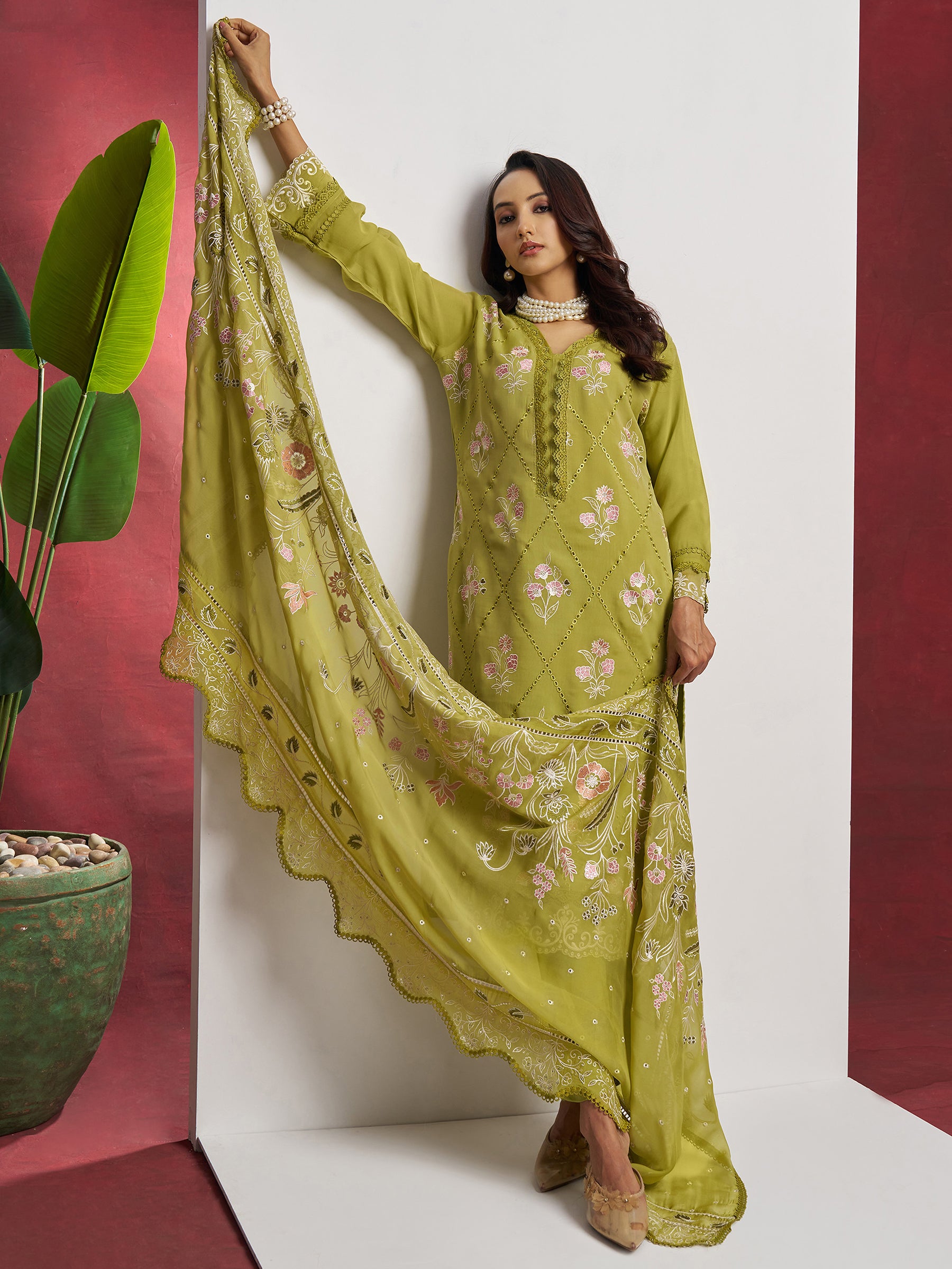 Stunning Green Floral Embroidered Organza Mehendi Wear Pant Suit with Heavy Dupatta