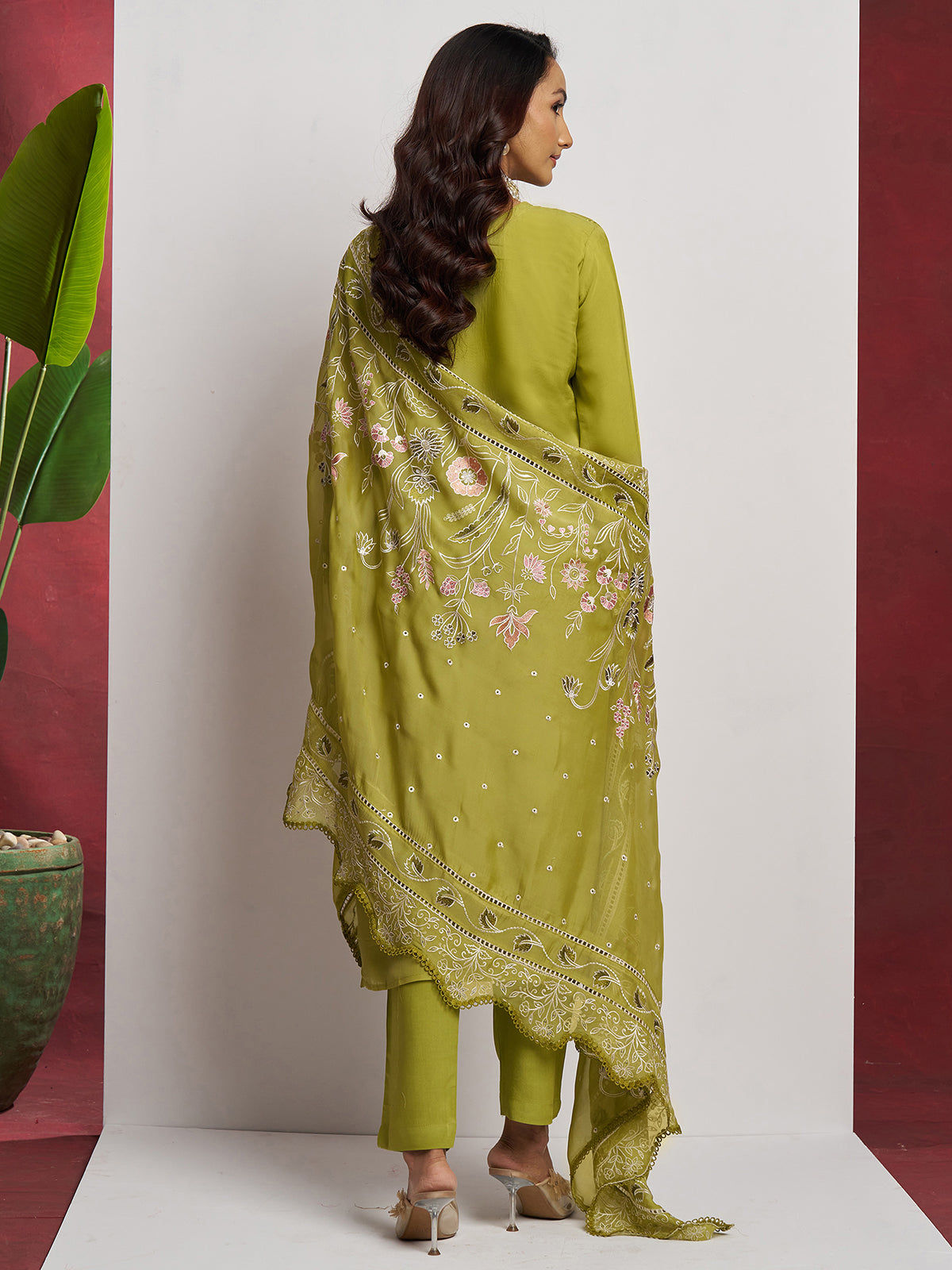 Stunning Green Floral Embroidered Organza Mehendi Wear Pant Suit with Heavy Dupatta
