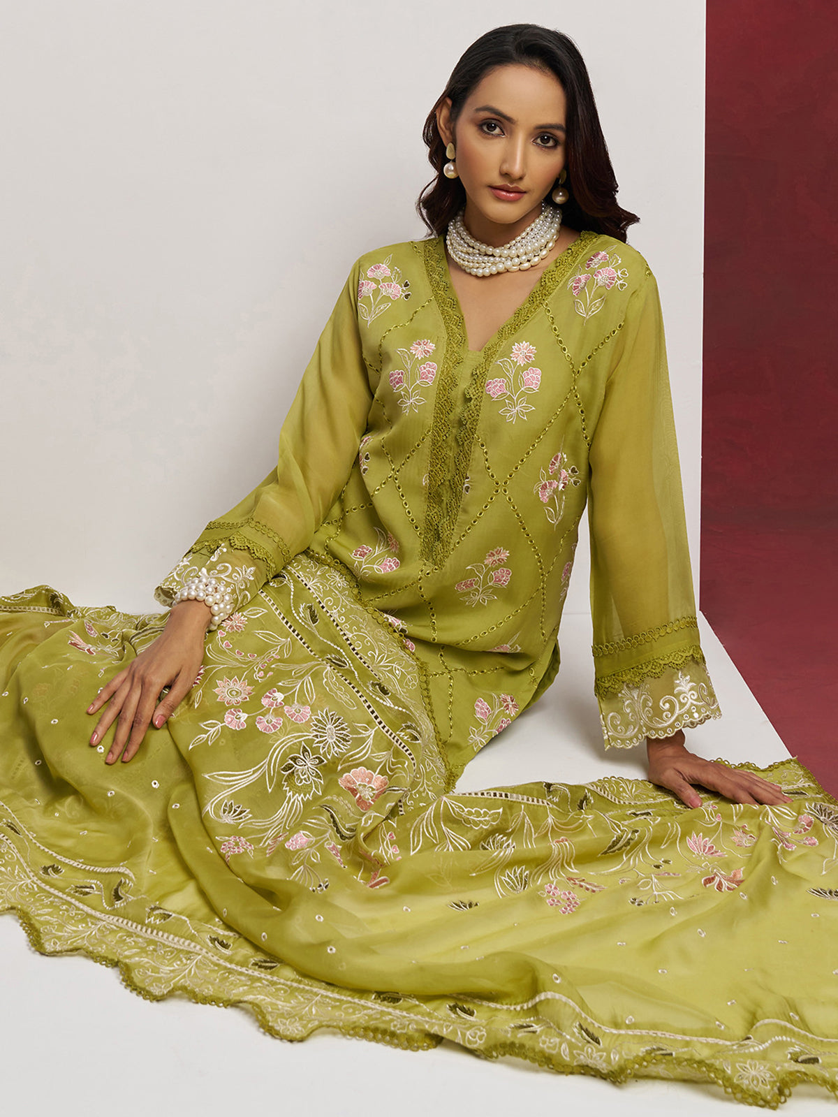Stunning Green Floral Embroidered Organza Mehendi Wear Pant Suit with Heavy Dupatta