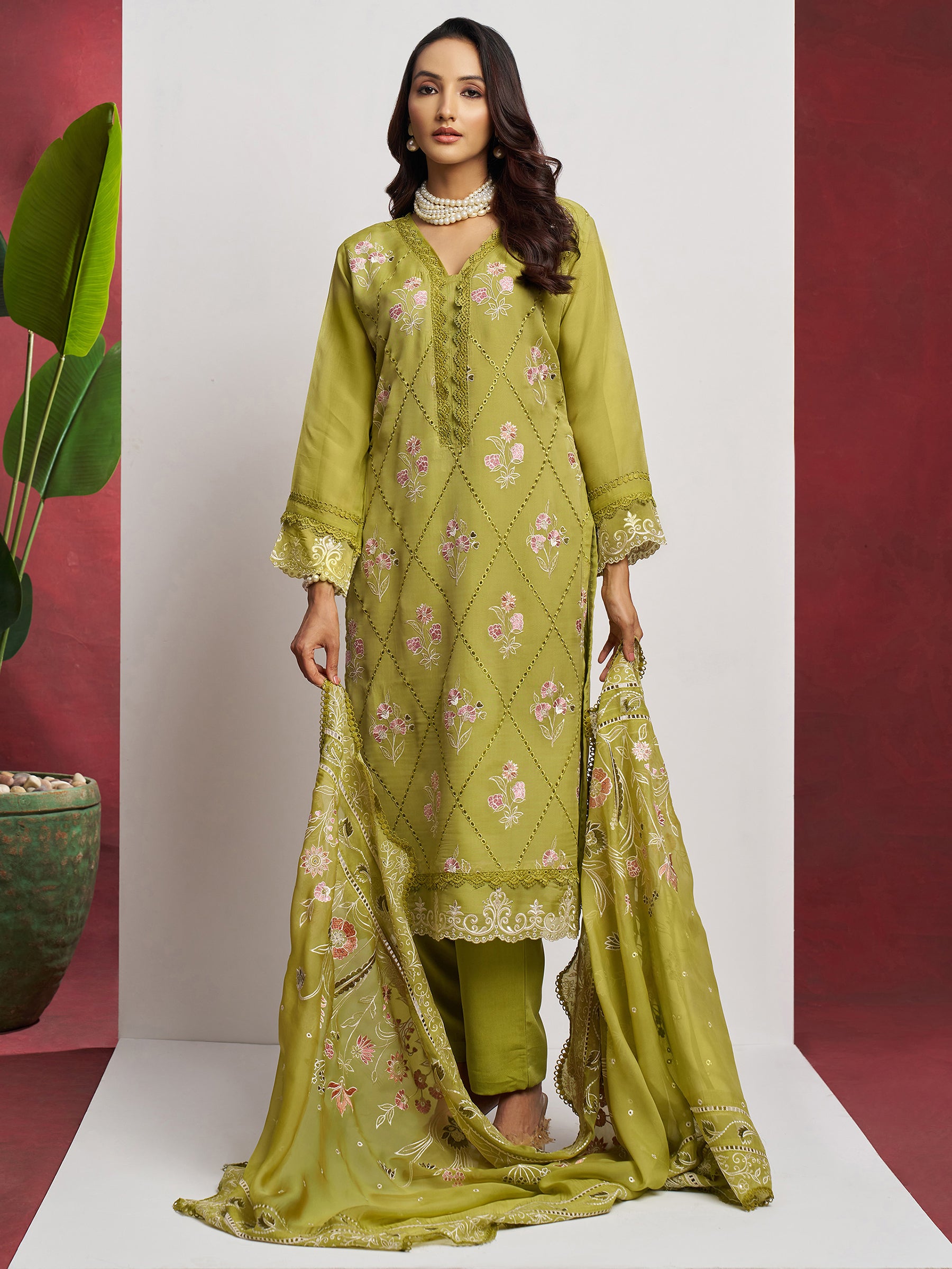 Stunning Green Floral Embroidered Organza Mehendi Wear Pant Suit with Heavy Dupatta