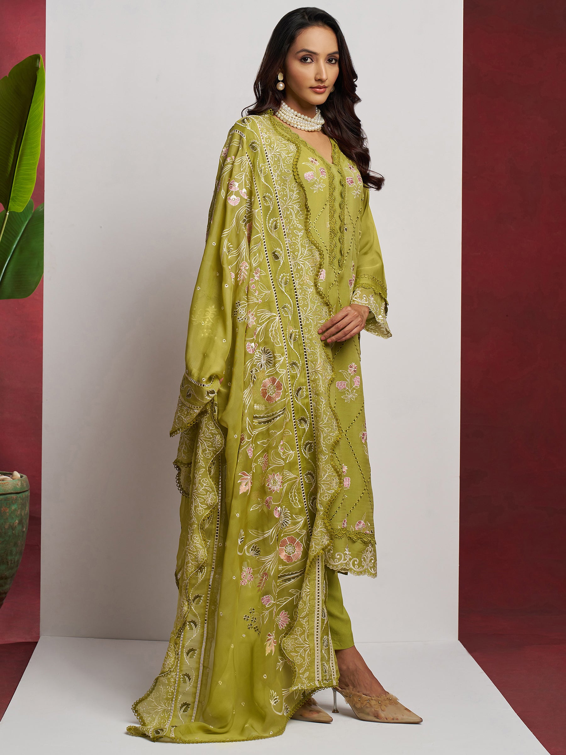 Stunning Green Floral Embroidered Organza Mehendi Wear Pant Suit with Heavy Dupatta
