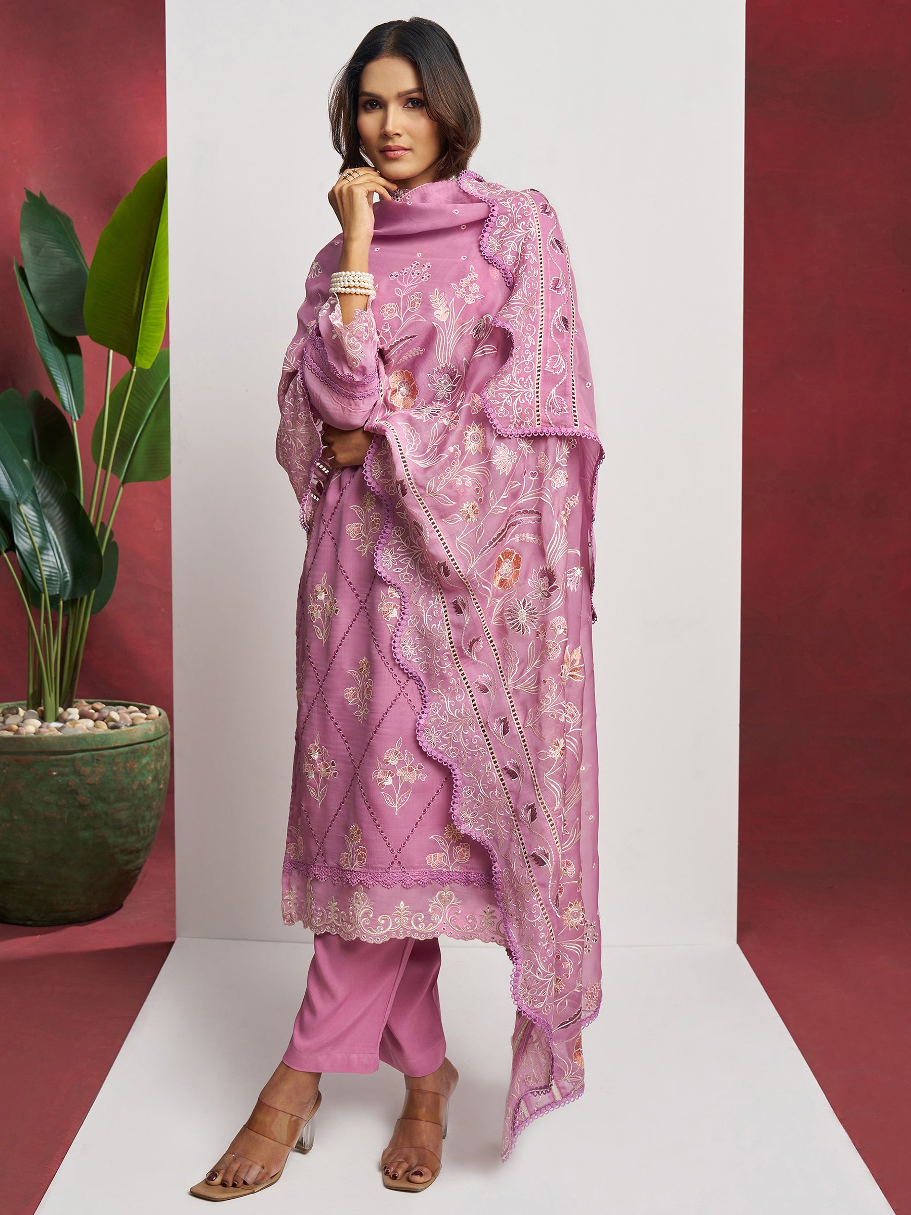 Attractive Pink Floral Embroidered Organza Eid Special Pant Suit
