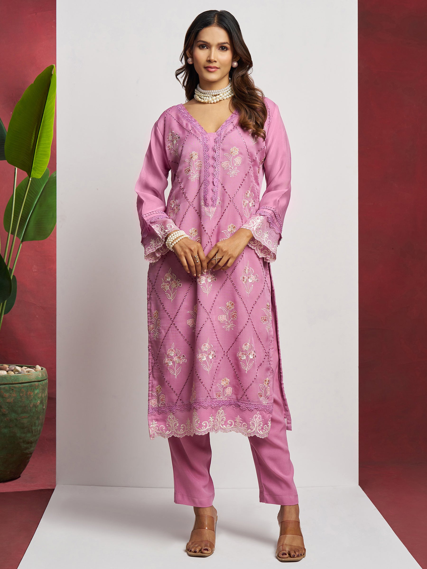 Attractive Pink Floral Embroidered Organza Eid Special Pant Suit