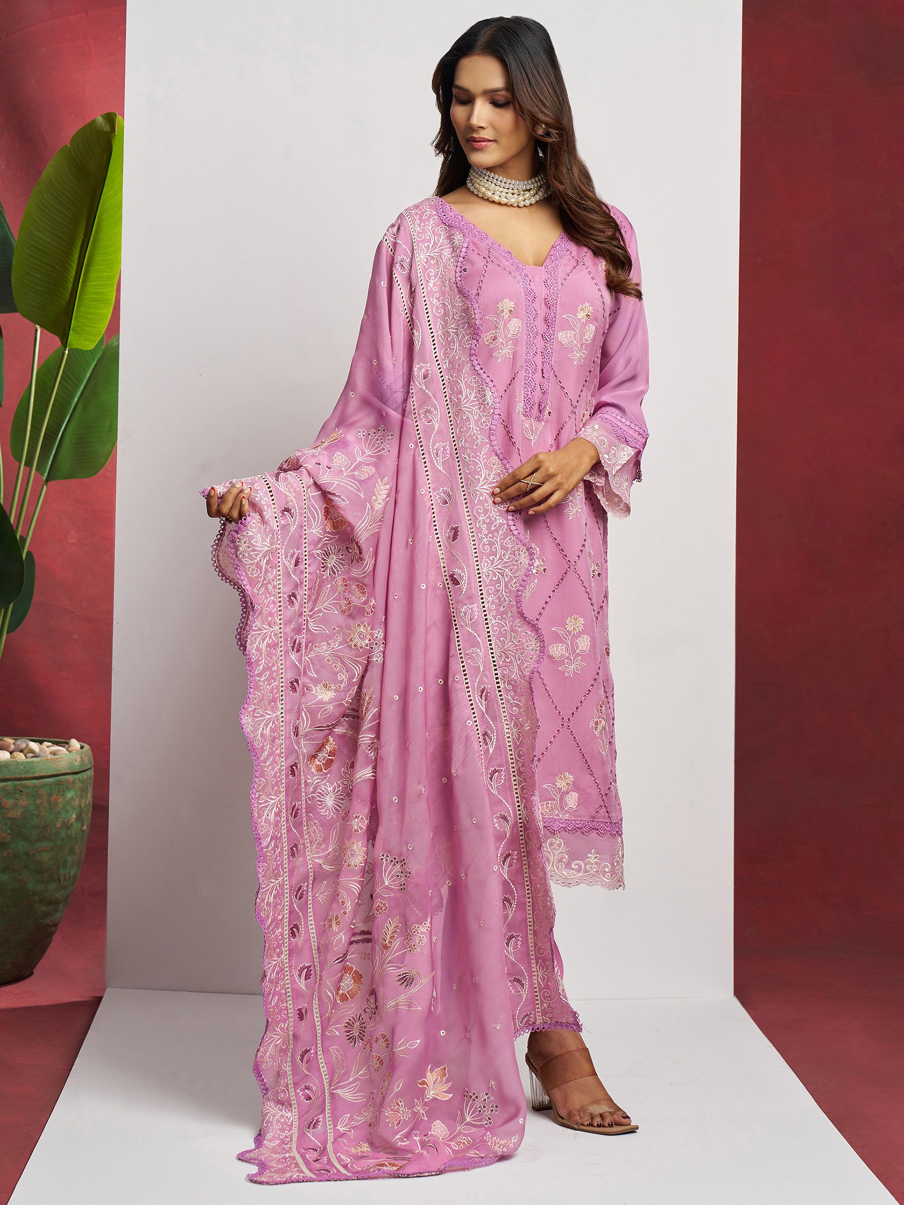 Attractive Pink Floral Embroidered Organza Eid Special Pant Suit