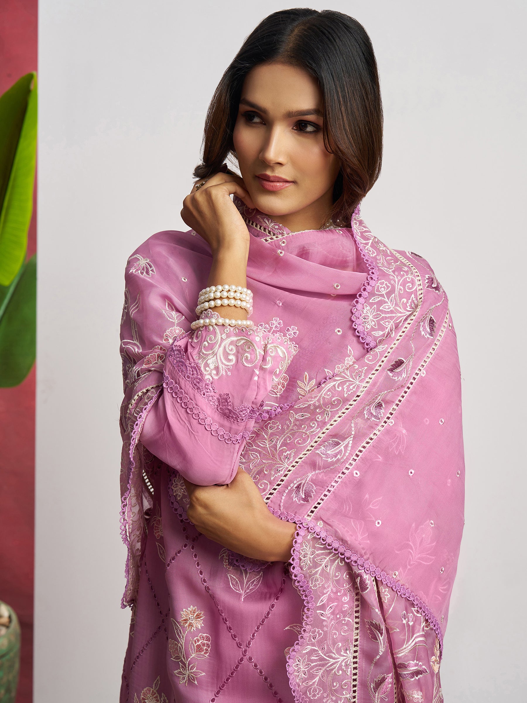Attractive Pink Floral Embroidered Organza Eid Special Pant Suit