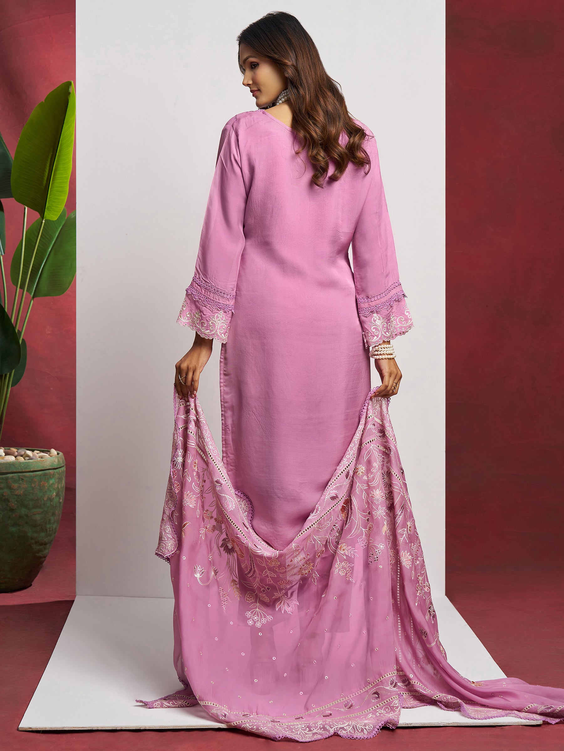 Attractive Pink Floral Embroidered Organza Eid Special Pant Suit