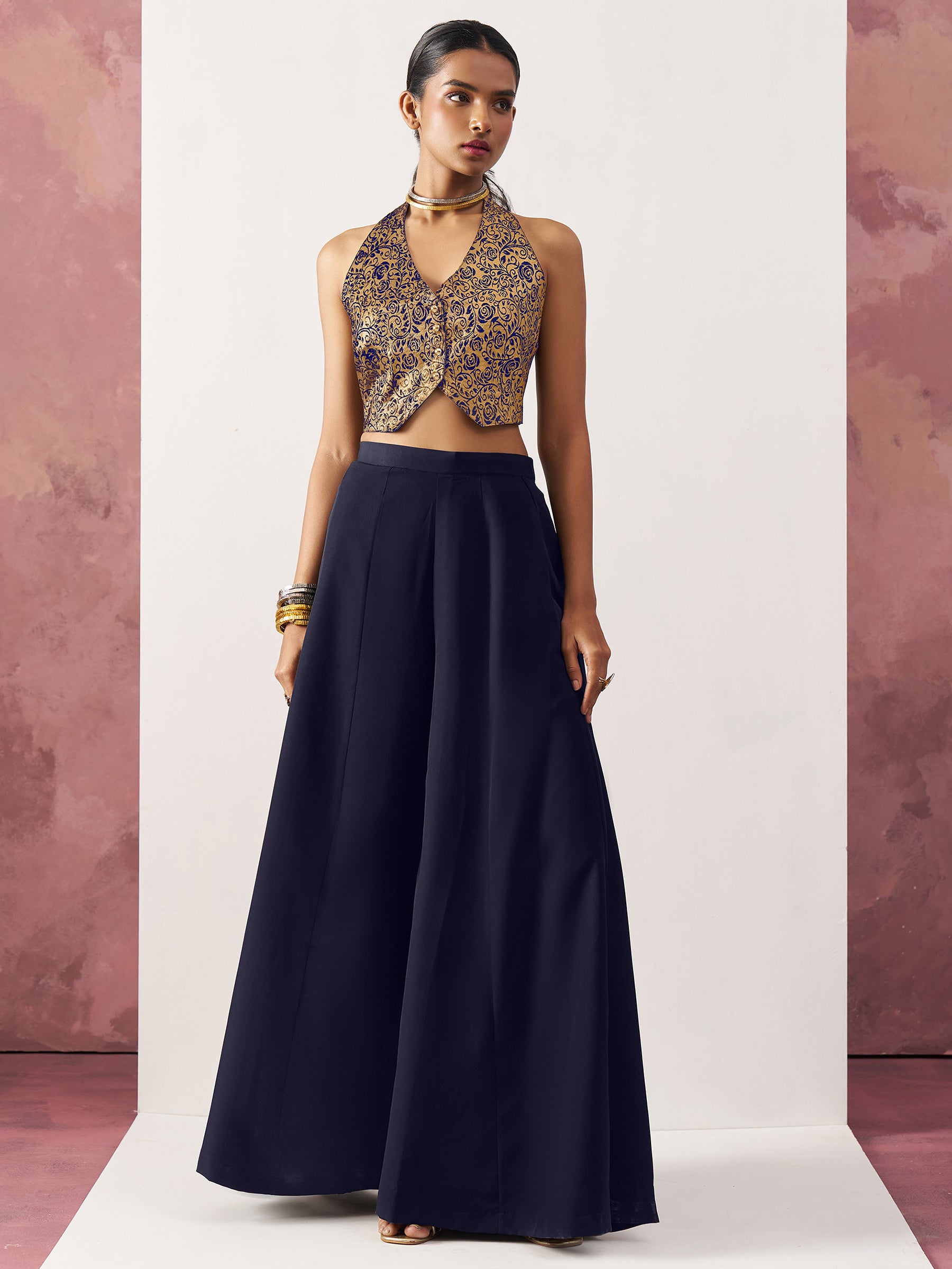 Magnetic Navy Blue Jacquard Event Wear Waistcoat Indo-Western Co-Ord Set