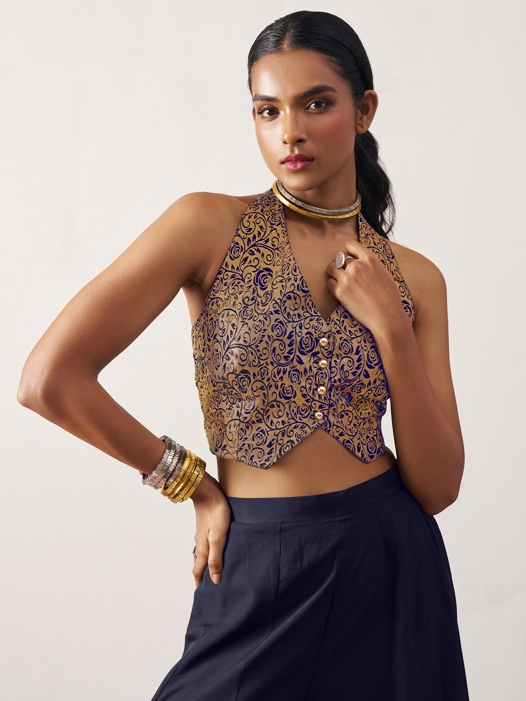 Magnetic Navy Blue Jacquard Event Wear Waistcoat Indo-Western Co-Ord Set