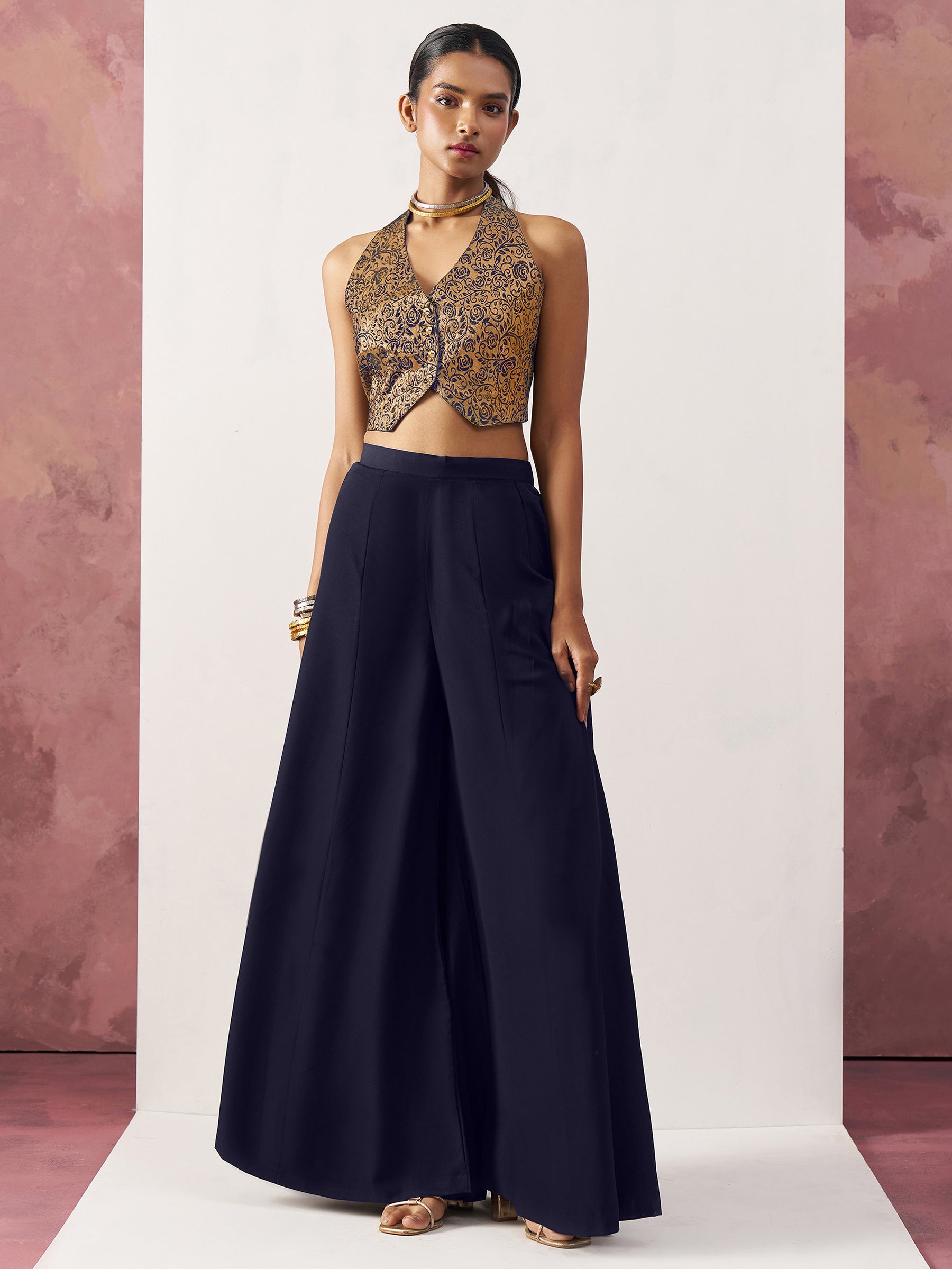 Magnetic Navy Blue Jacquard Event Wear Waistcoat Indo-Western Co-Ord Set