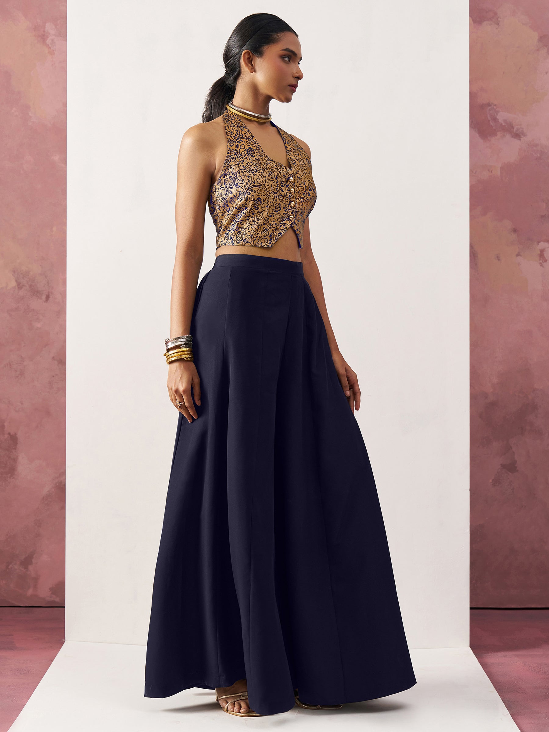 Magnetic Navy Blue Jacquard Event Wear Waistcoat Indo-Western Co-Ord Set