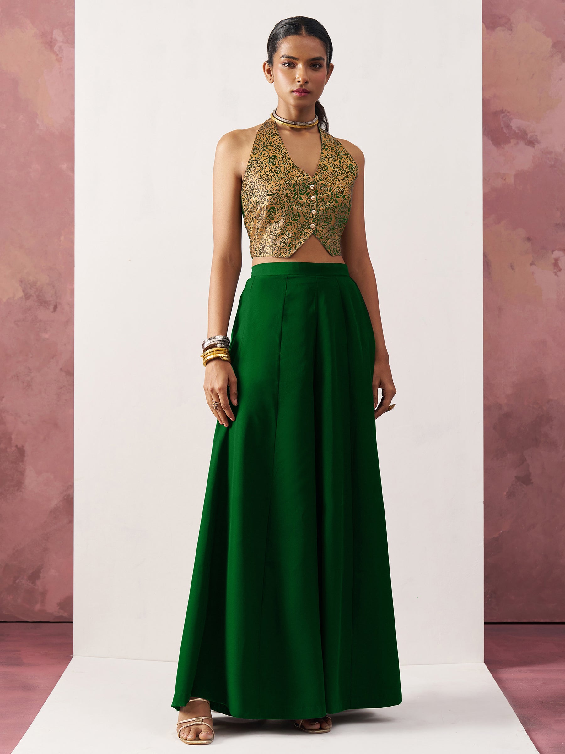 Glamorous Green Jacquard Waistcoat Indo-Western Co-Ord Set