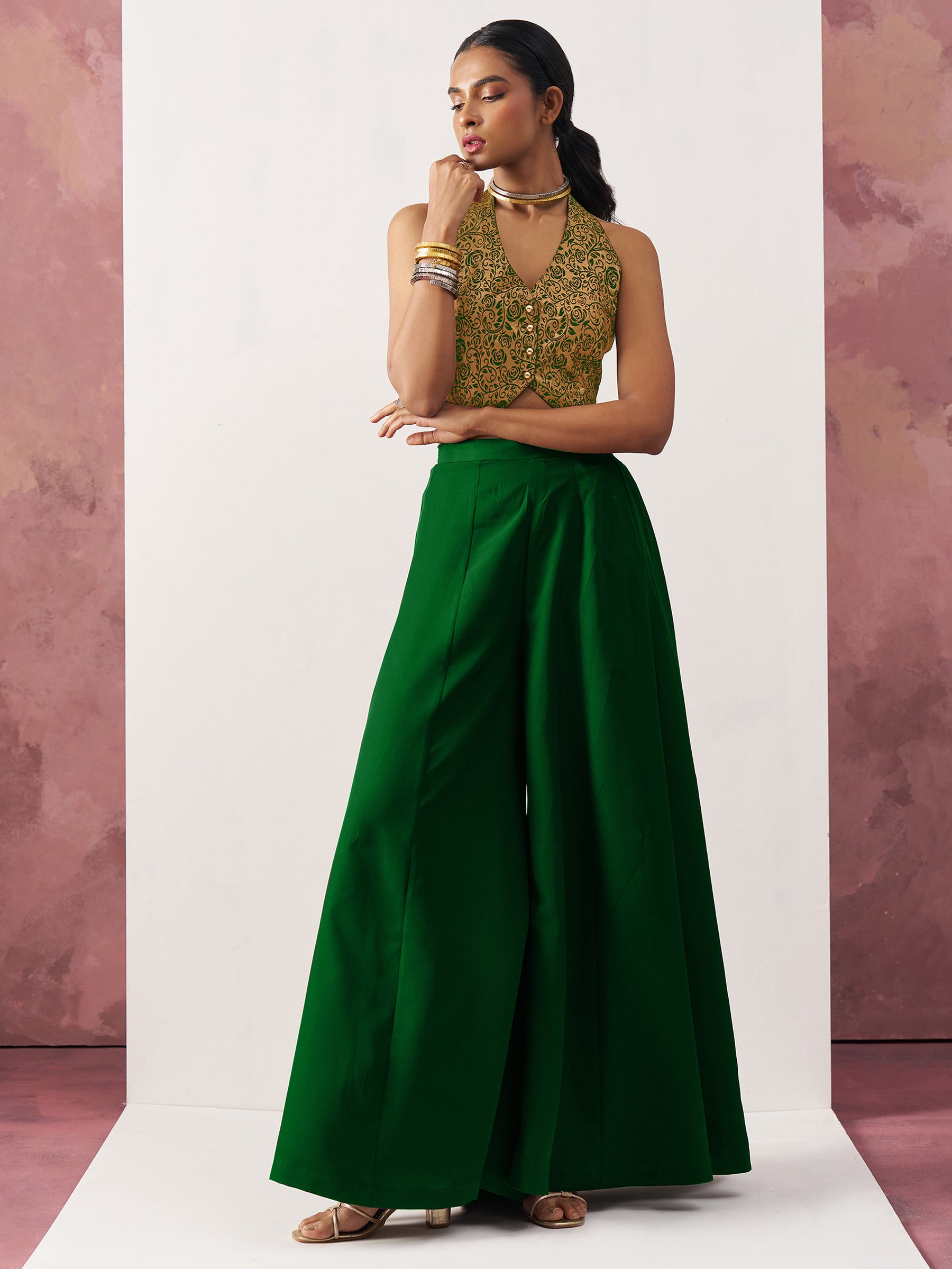 Glamorous Green Jacquard Waistcoat Indo-Western Co-Ord Set