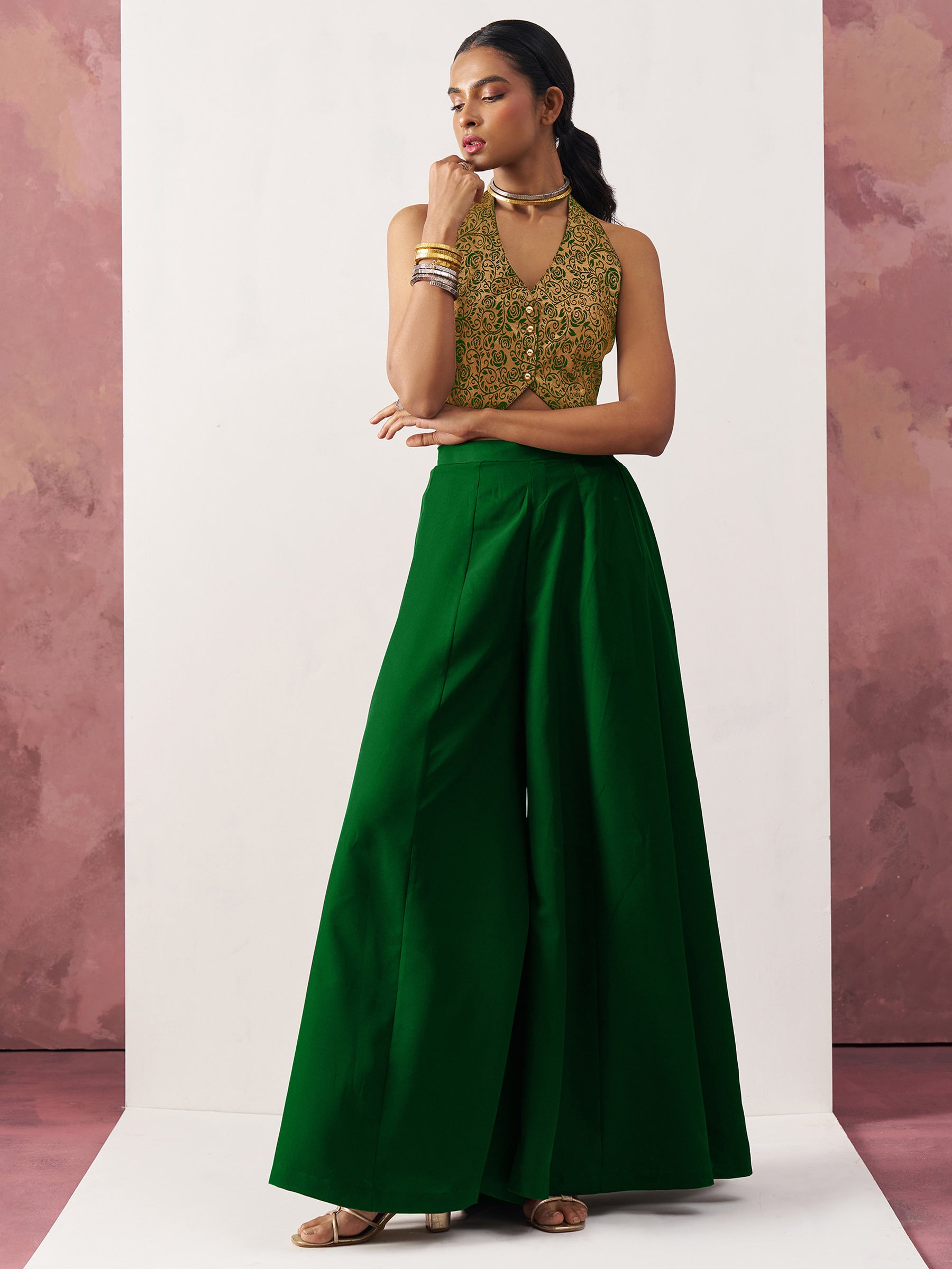 Glamorous Green Jacquard Waistcoat Indo-Western Co-Ord Set