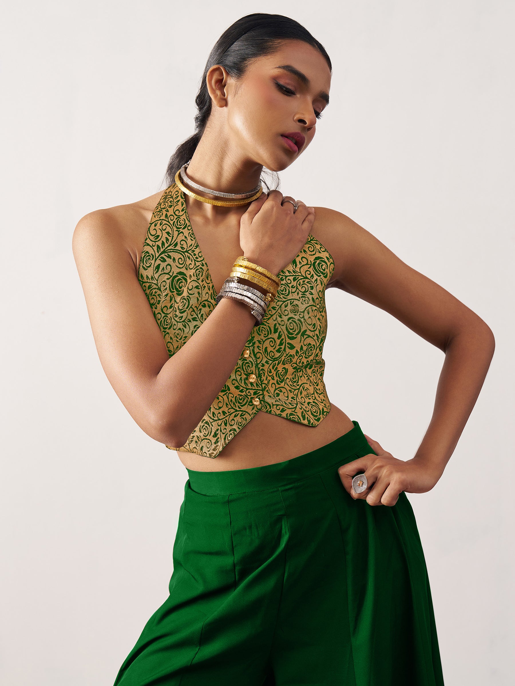 Glamorous Green Jacquard Waistcoat Indo-Western Co-Ord Set