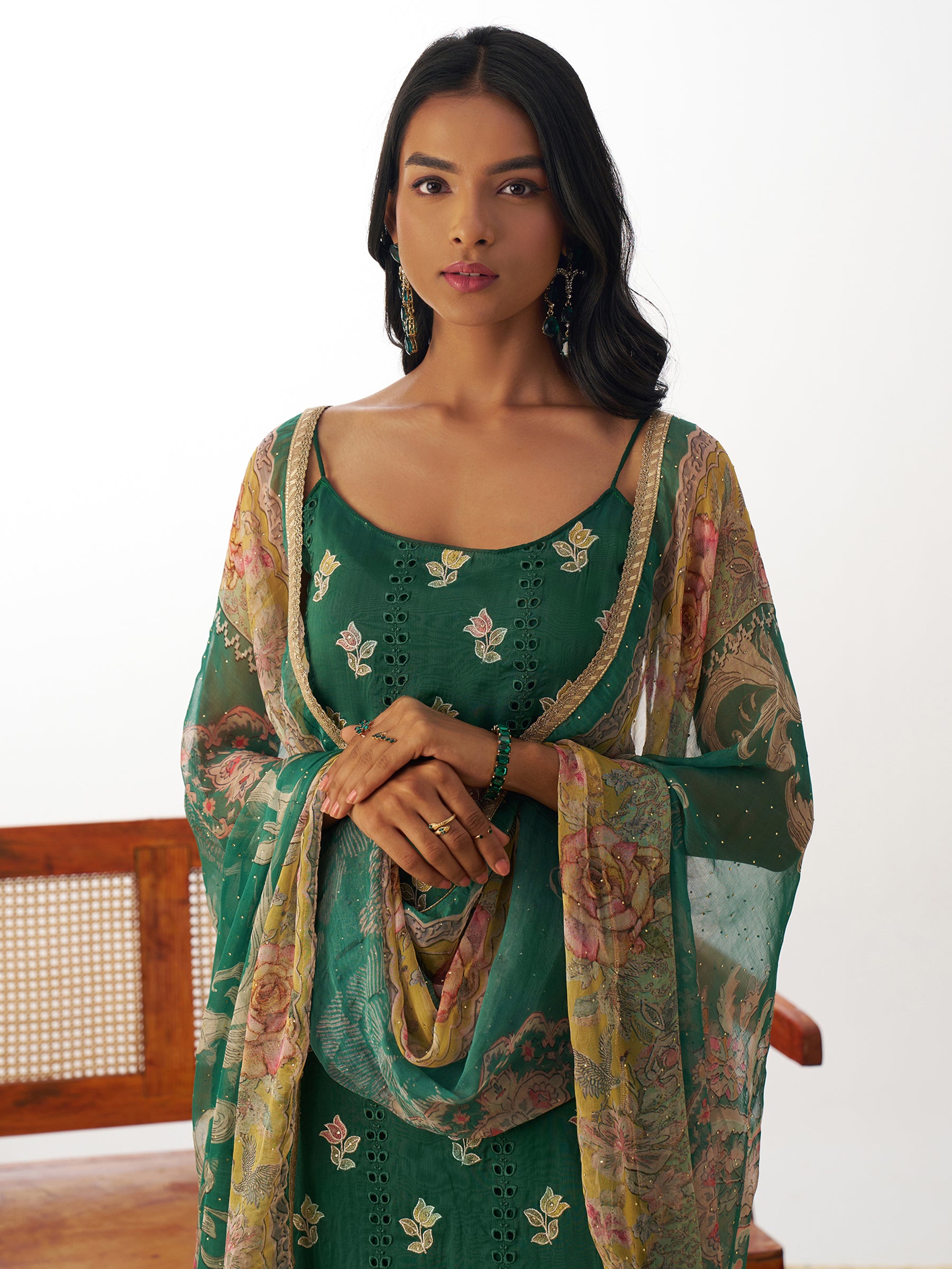 Special Green Thread Work Organza Mehendi Wear Suit With Dupatta