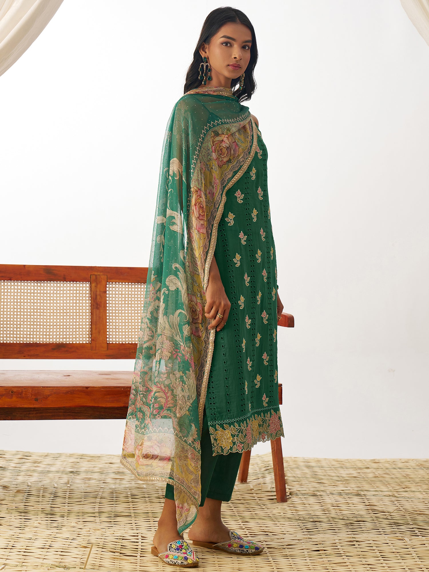 Special Green Thread Work Organza Mehendi Wear Suit With Dupatta