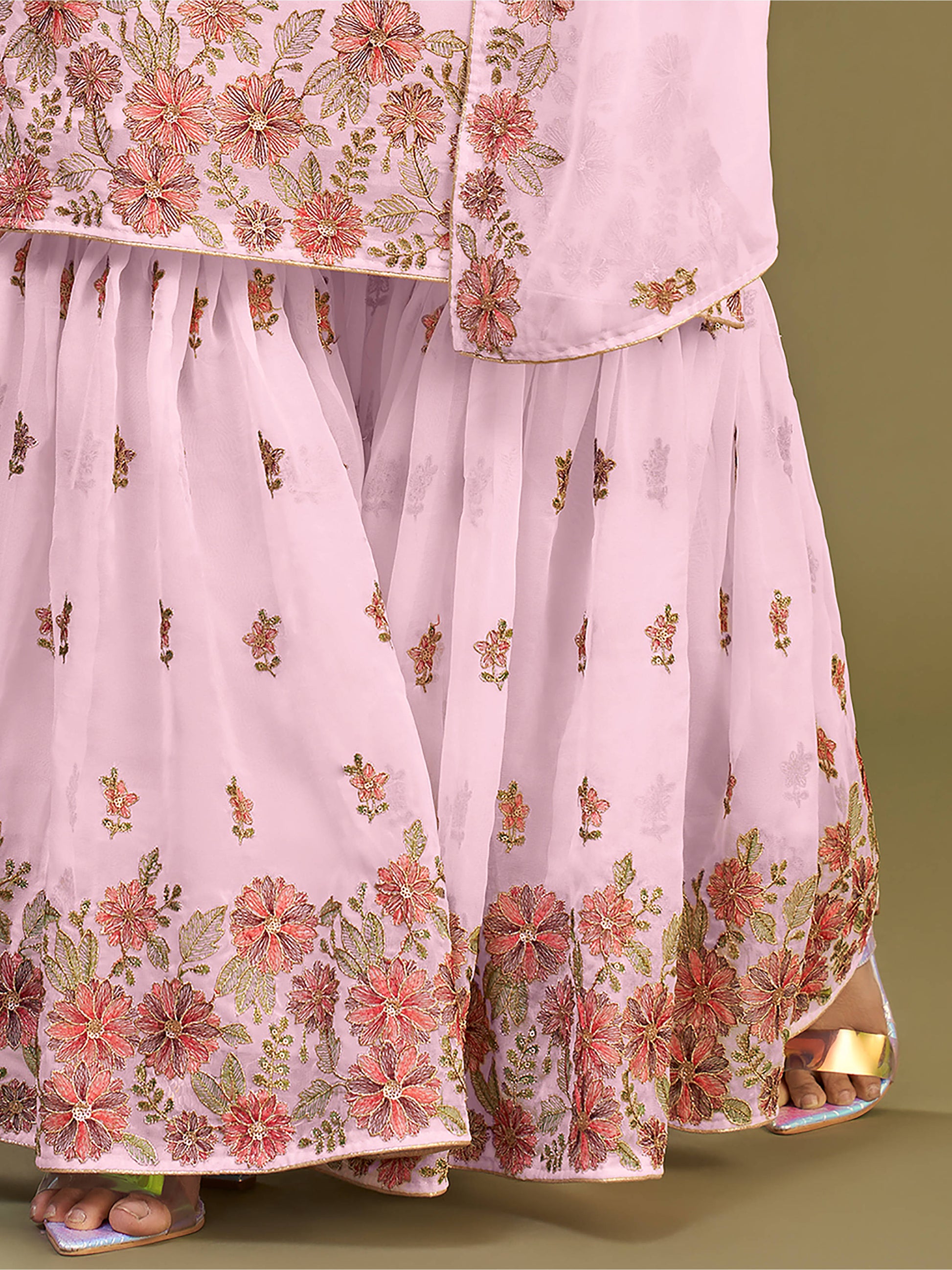 Alluring Pink Embroidered Georgette Party Wear Sharara Suits