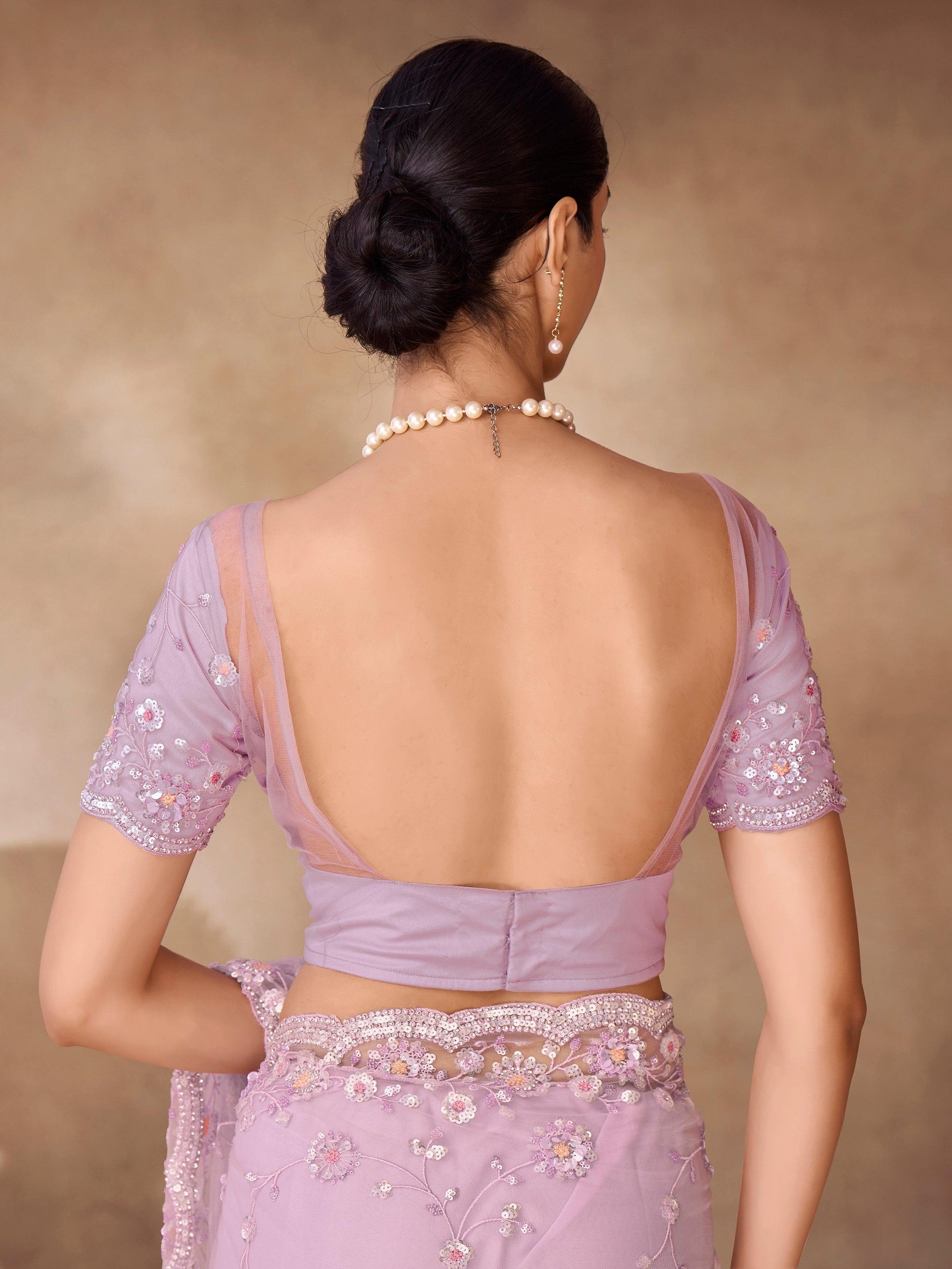 Glamorous Lilac Thread Work Net Event Wear Saree With Blouse