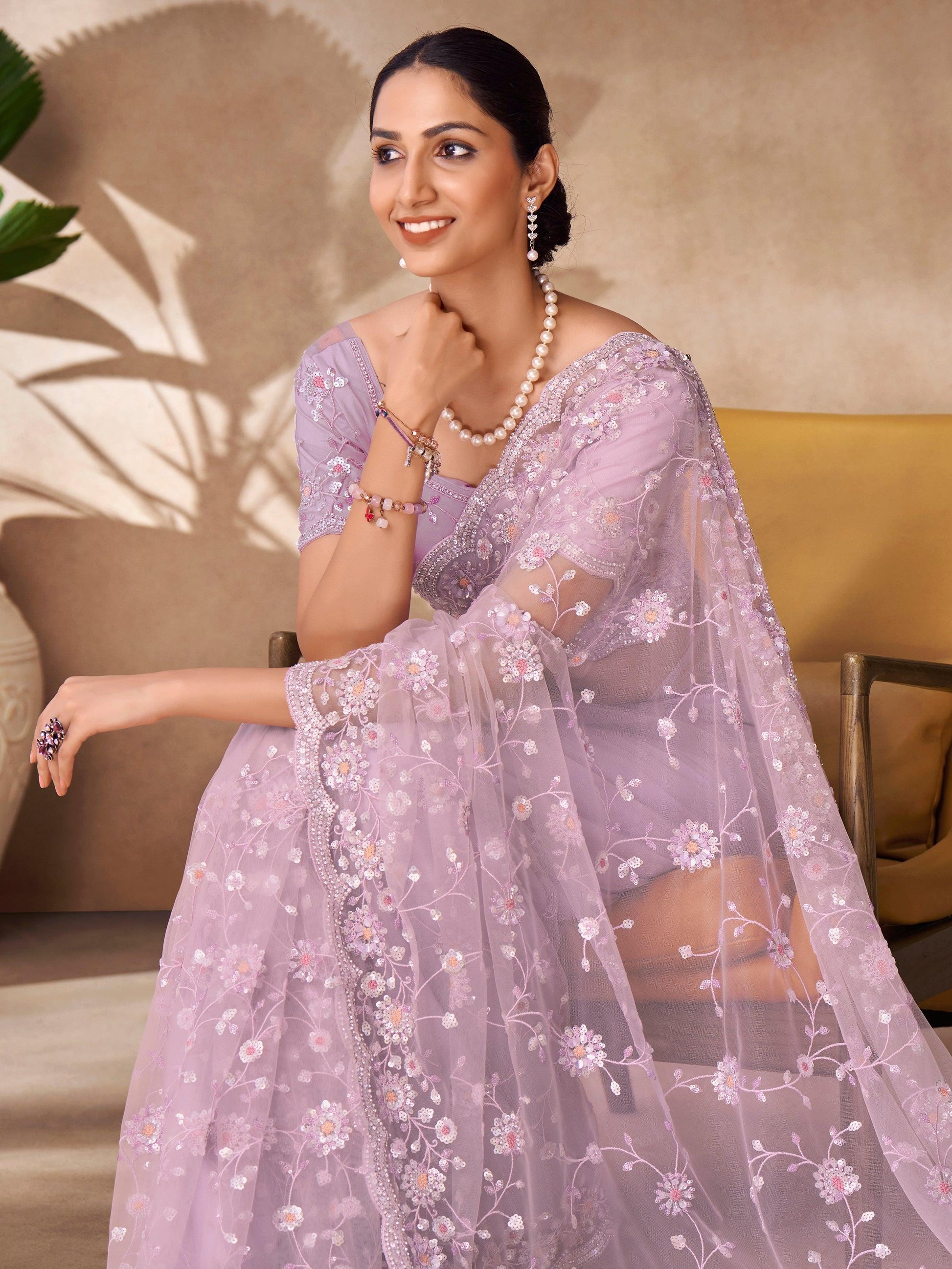 Glamorous Lilac Thread Work Net Event Wear Saree With Blouse