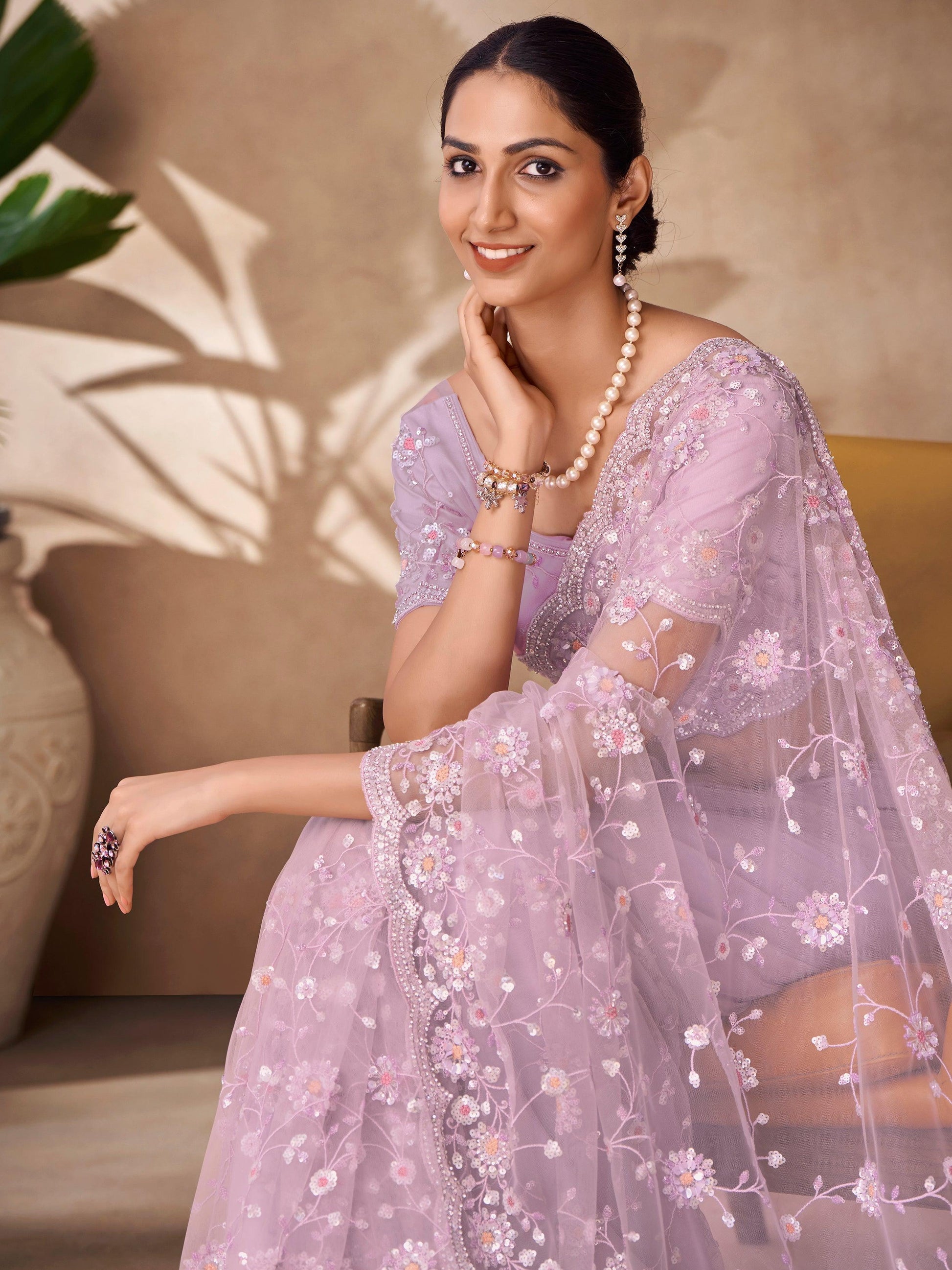 Glamorous Lilac Thread Work Net Event Wear Saree With Blouse