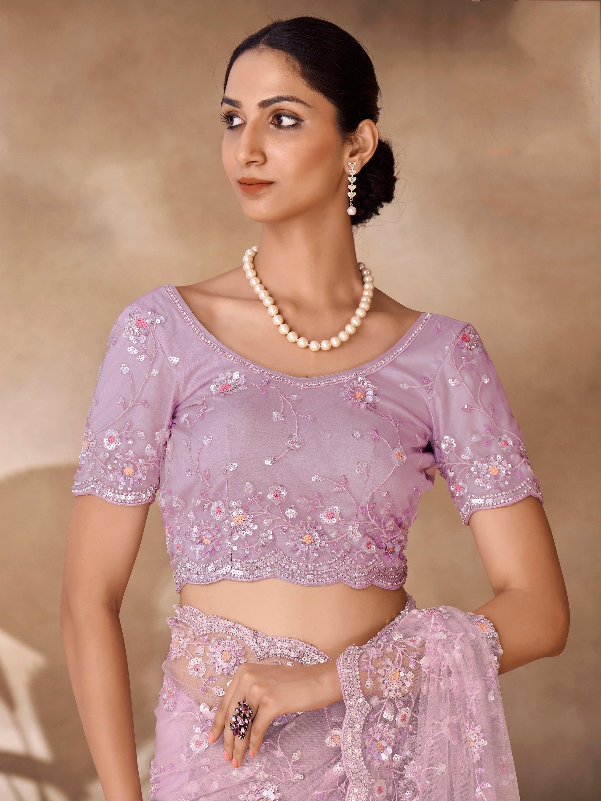 Glamorous Lilac Thread Work Net Event Wear Saree With Blouse
