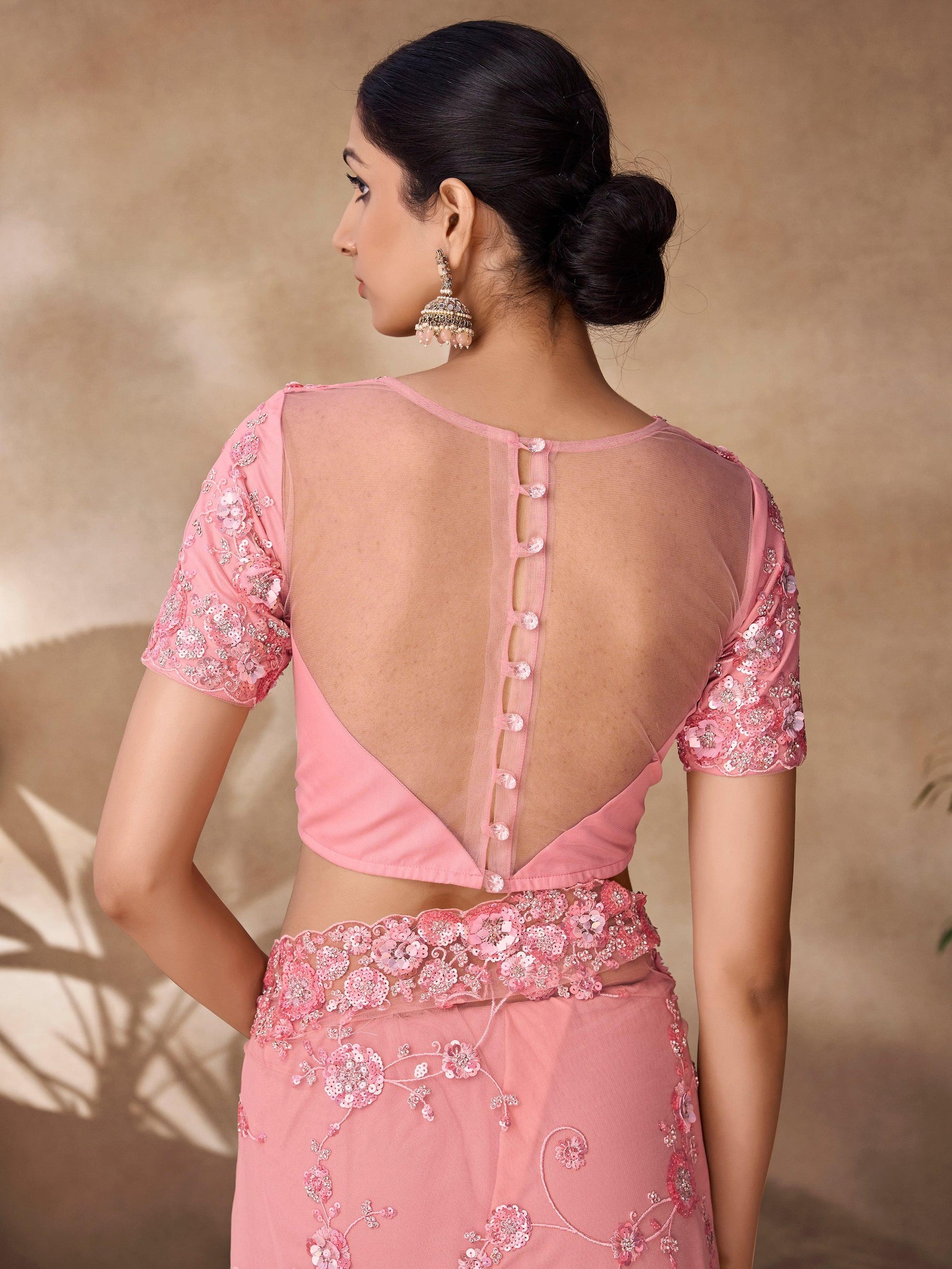 Mesmerizing Peach Sequins Net Reception Wear Saree With Blouse