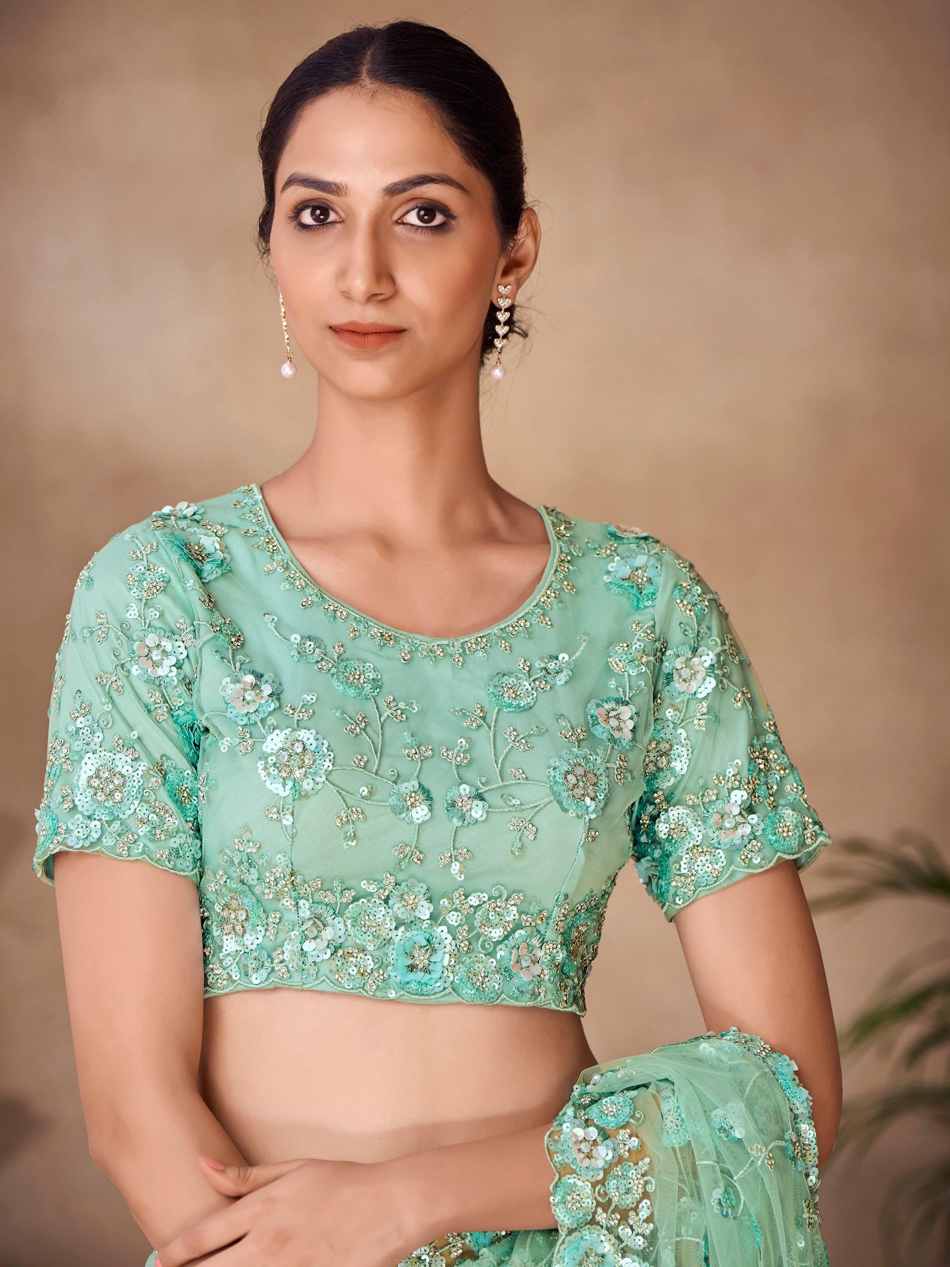 Bewitching Mint Green Sequins Net Designer Saree With Blouse