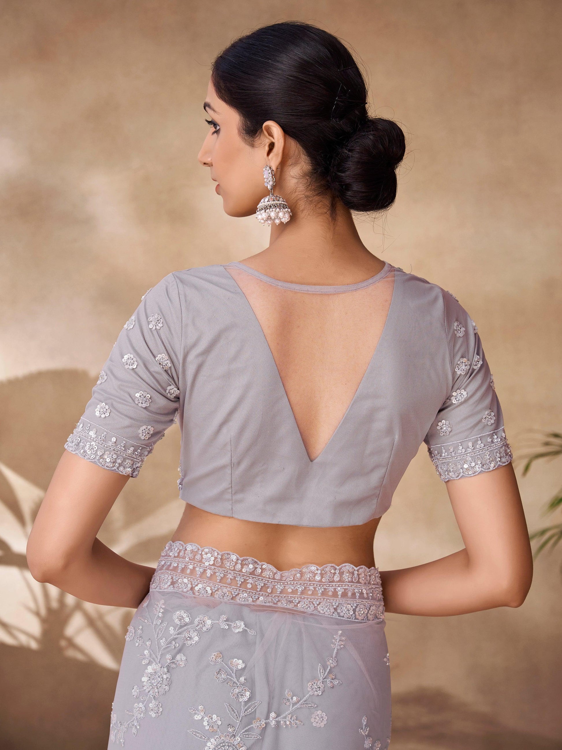 Attractive Grey Sequins Net Party Wear Saree With Blouse