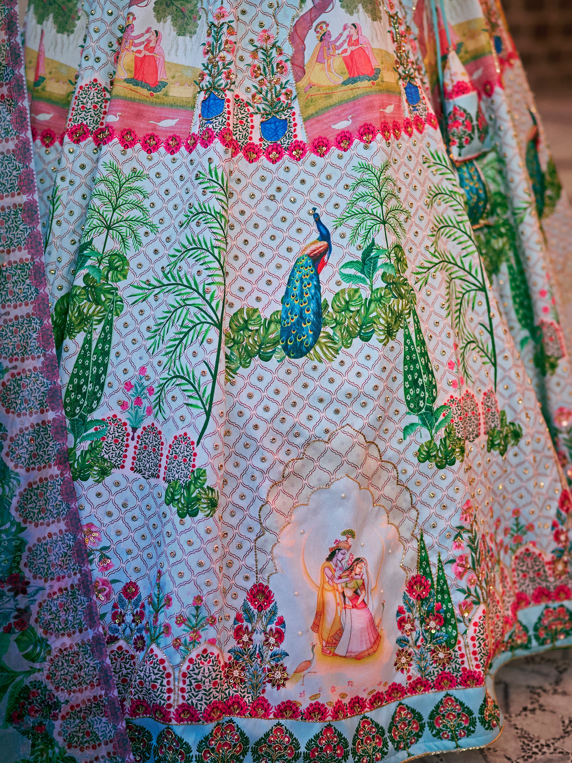 Wonderful Sky-Blue Printed Art Silk Traditional Lehenga Choli