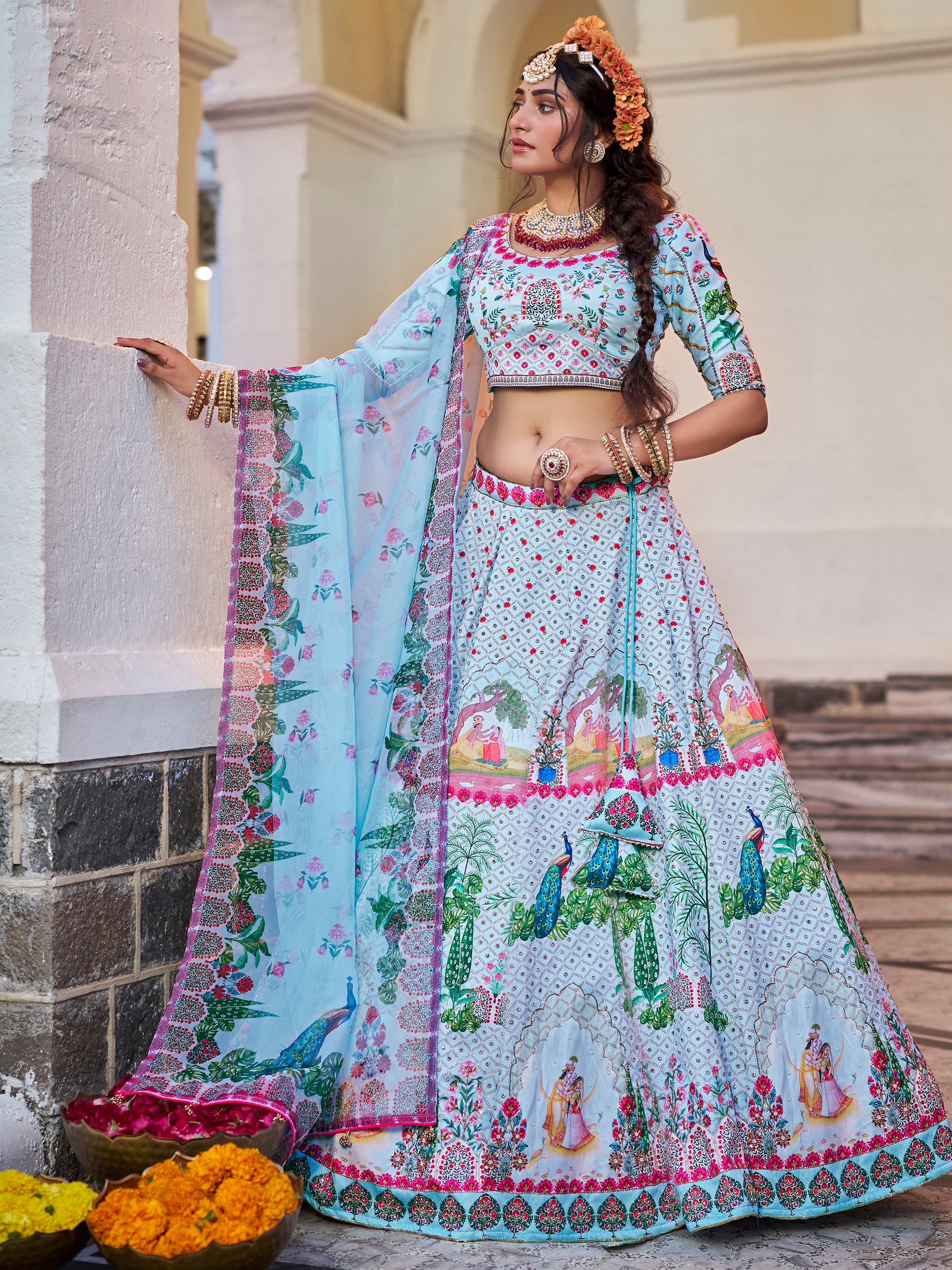 Wonderful Sky-Blue Printed Art Silk Traditional Lehenga Choli