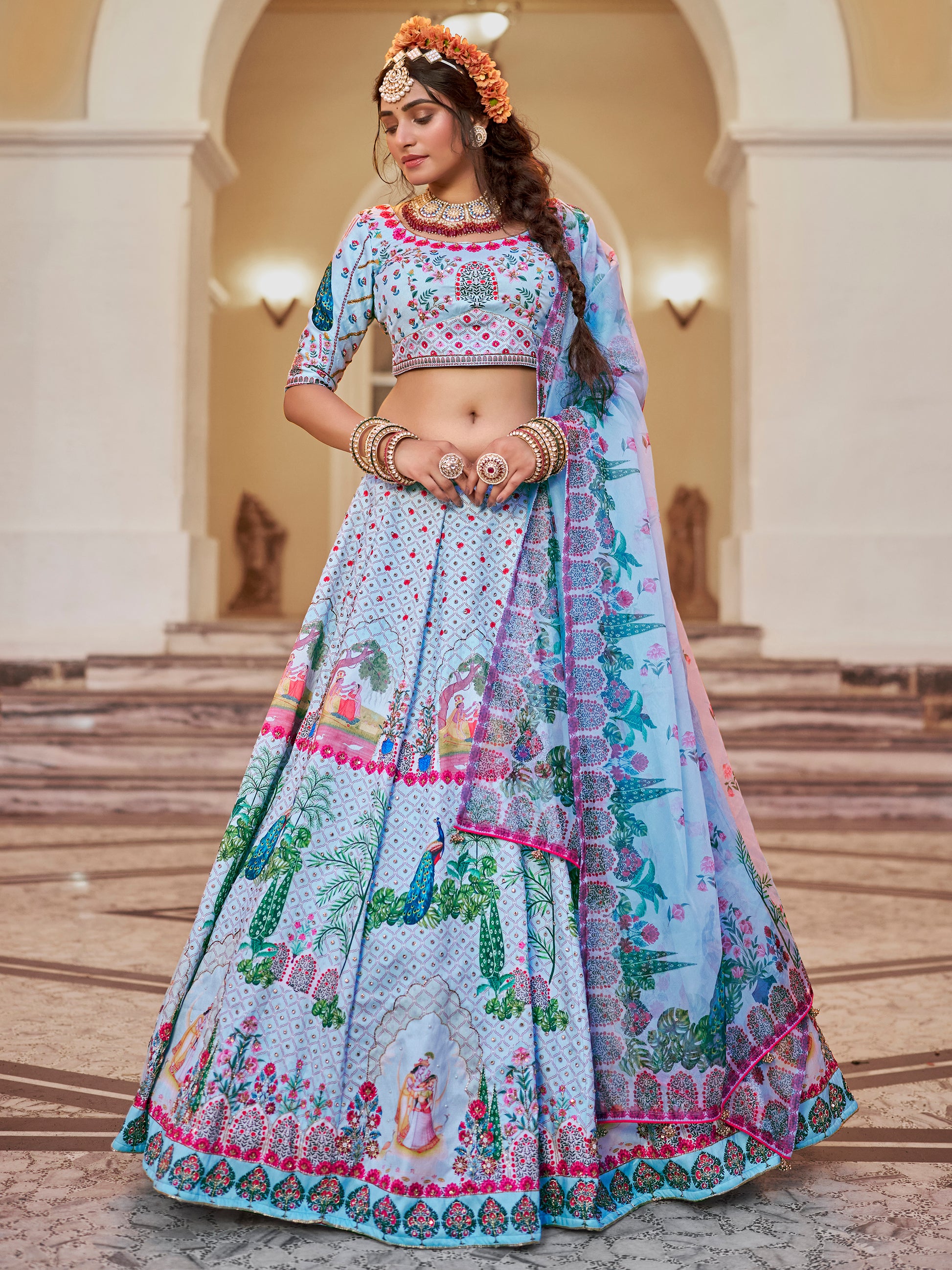 Wonderful Sky-Blue Printed Art Silk Traditional Lehenga Choli